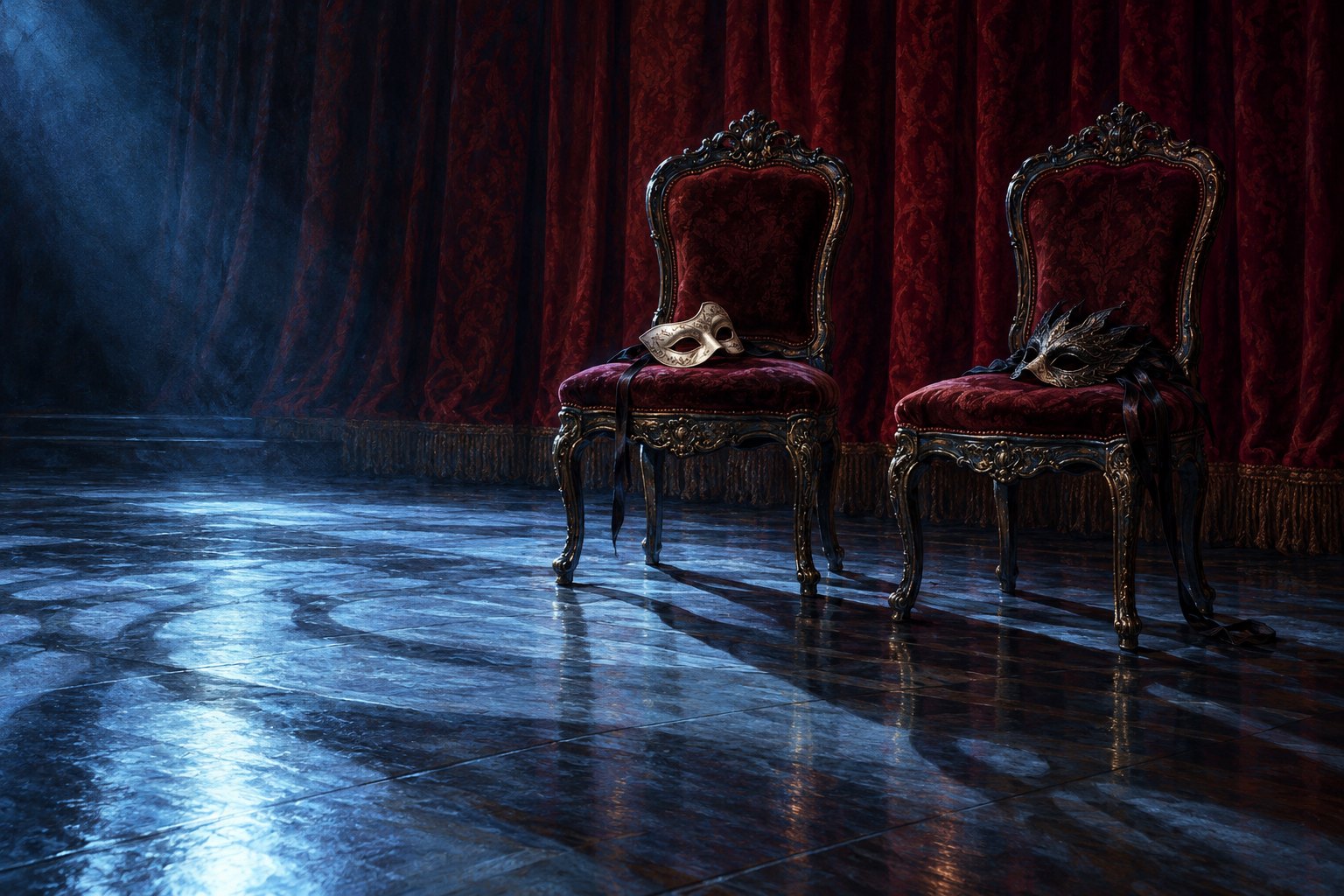 Conceptual illustration of two empty ornate chairs holding theatrical masks beside a blue-lit dance floor and red velvet curtains.