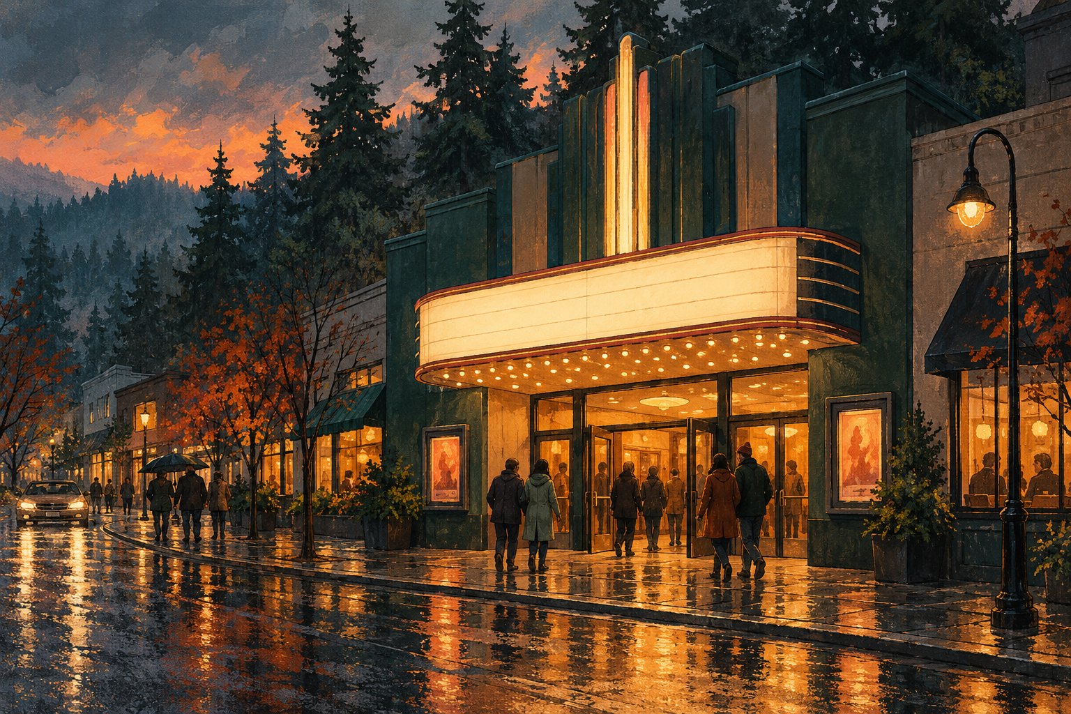 Original illustration of moviegoers entering a fictional neighborhood theater on a rainy Pacific Northwest evening.