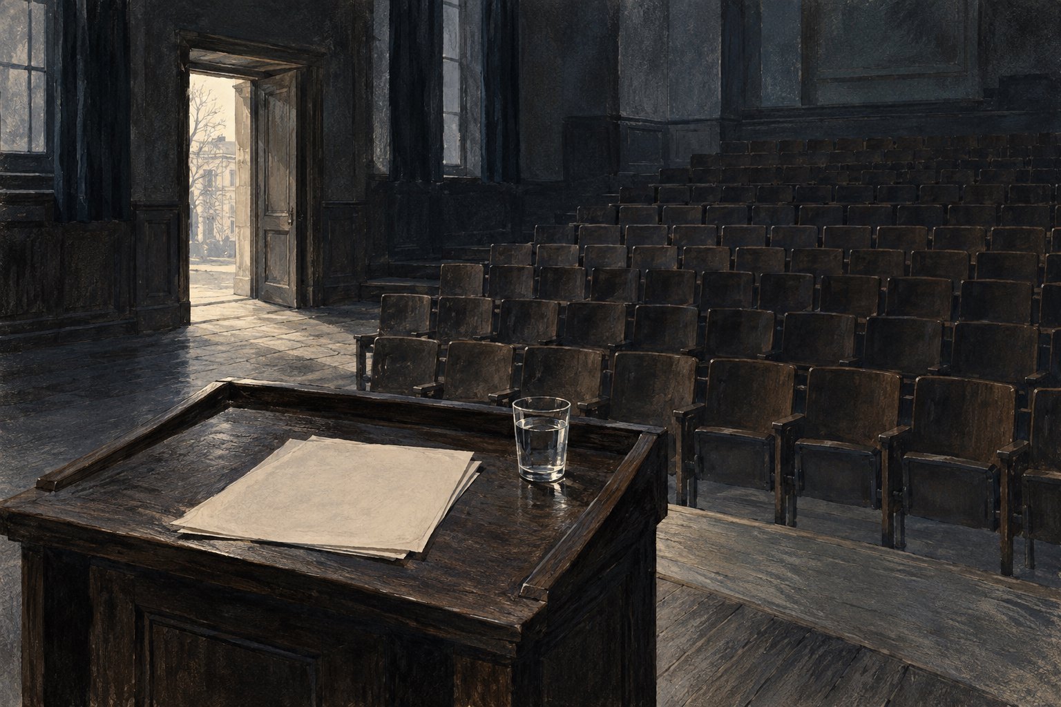 Symbolic editorial illustration of blank papers and a water glass on a lectern overlooking an empty, shadowed lecture hall.