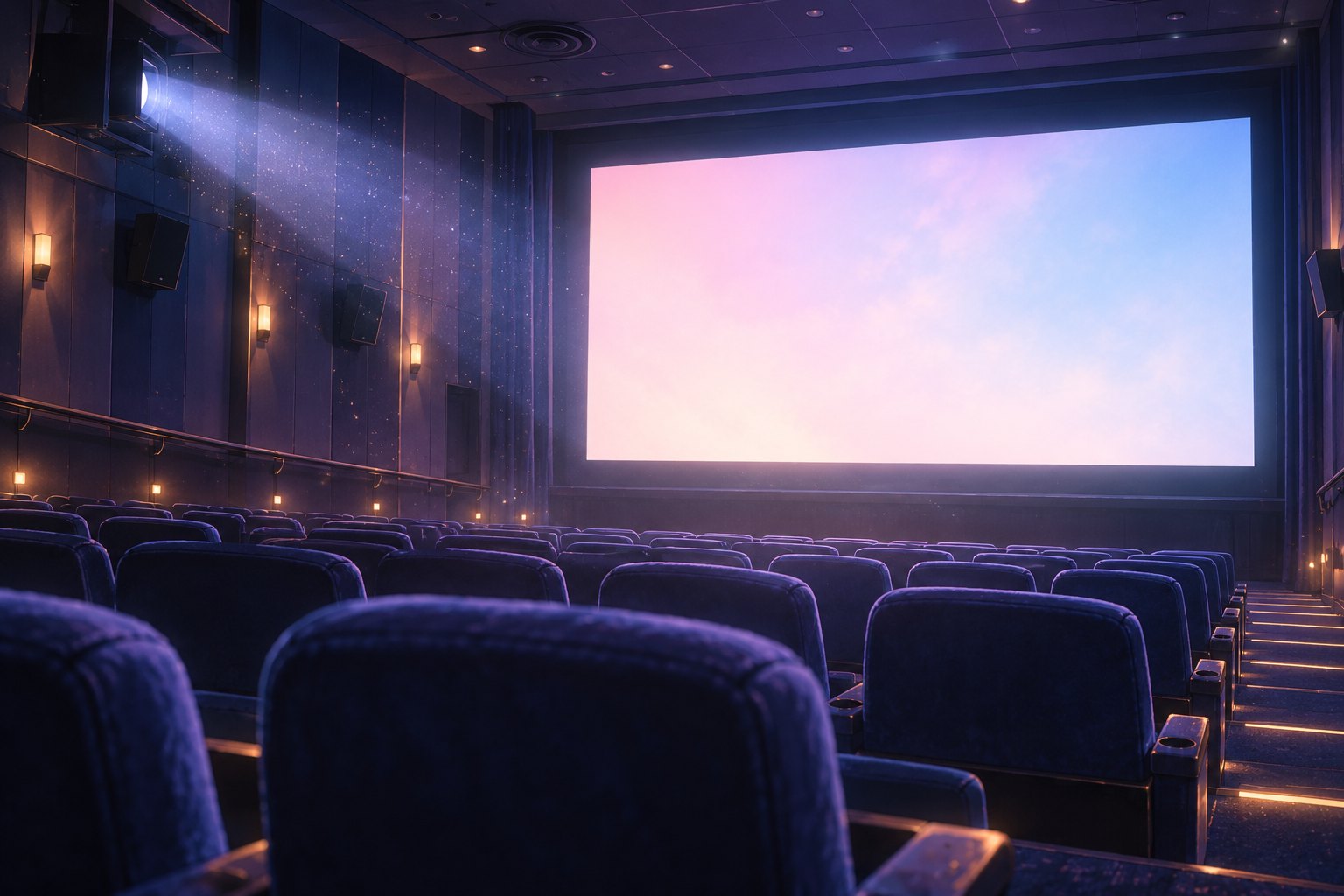 Conceptual illustration of an empty movie theater illuminated by a blank screen glowing pink and blue.