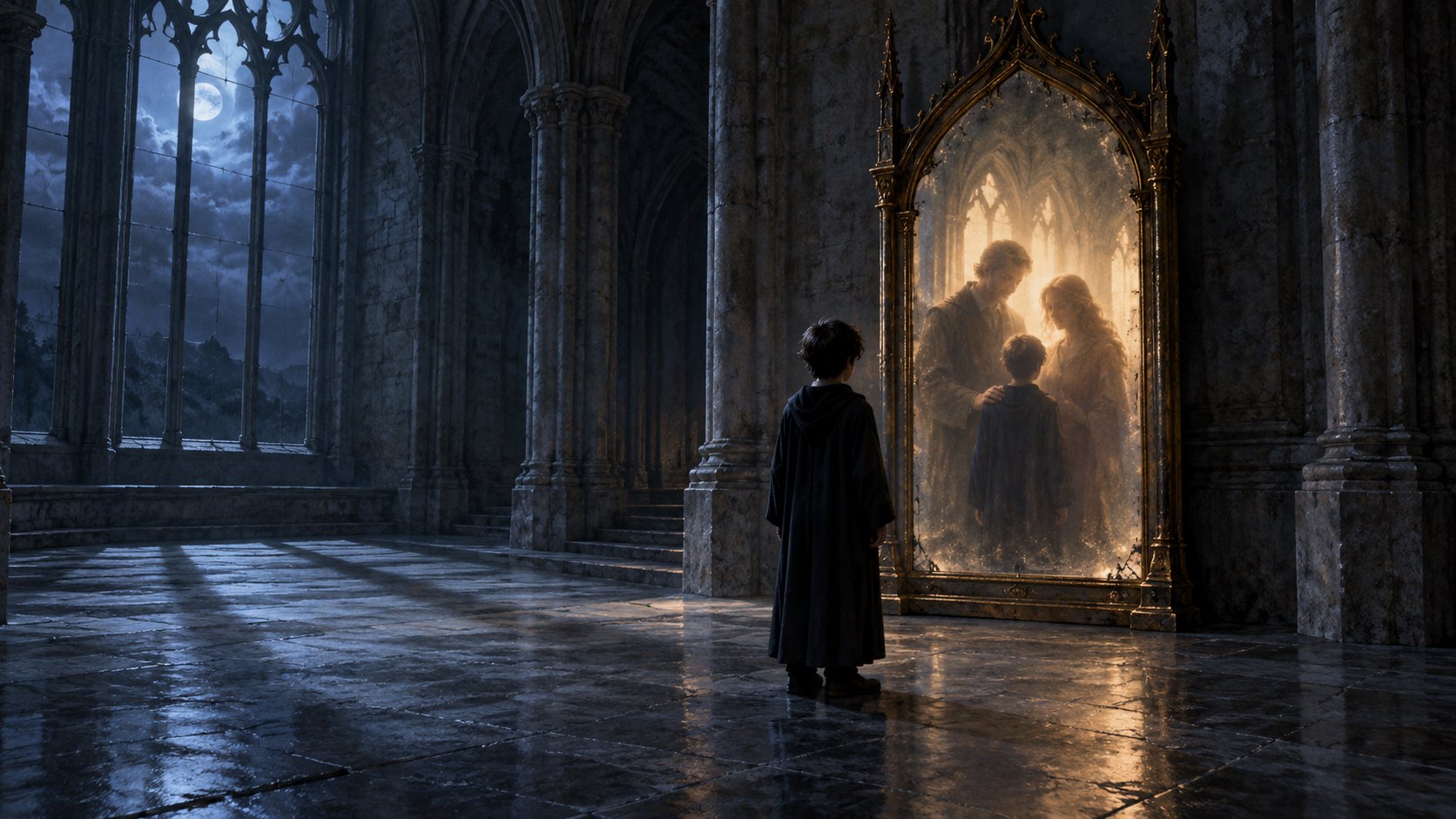 男孩獨自站在古老魔鏡前,鏡中映出家人陪伴的身影,呈現渴望團聚的情境插畫