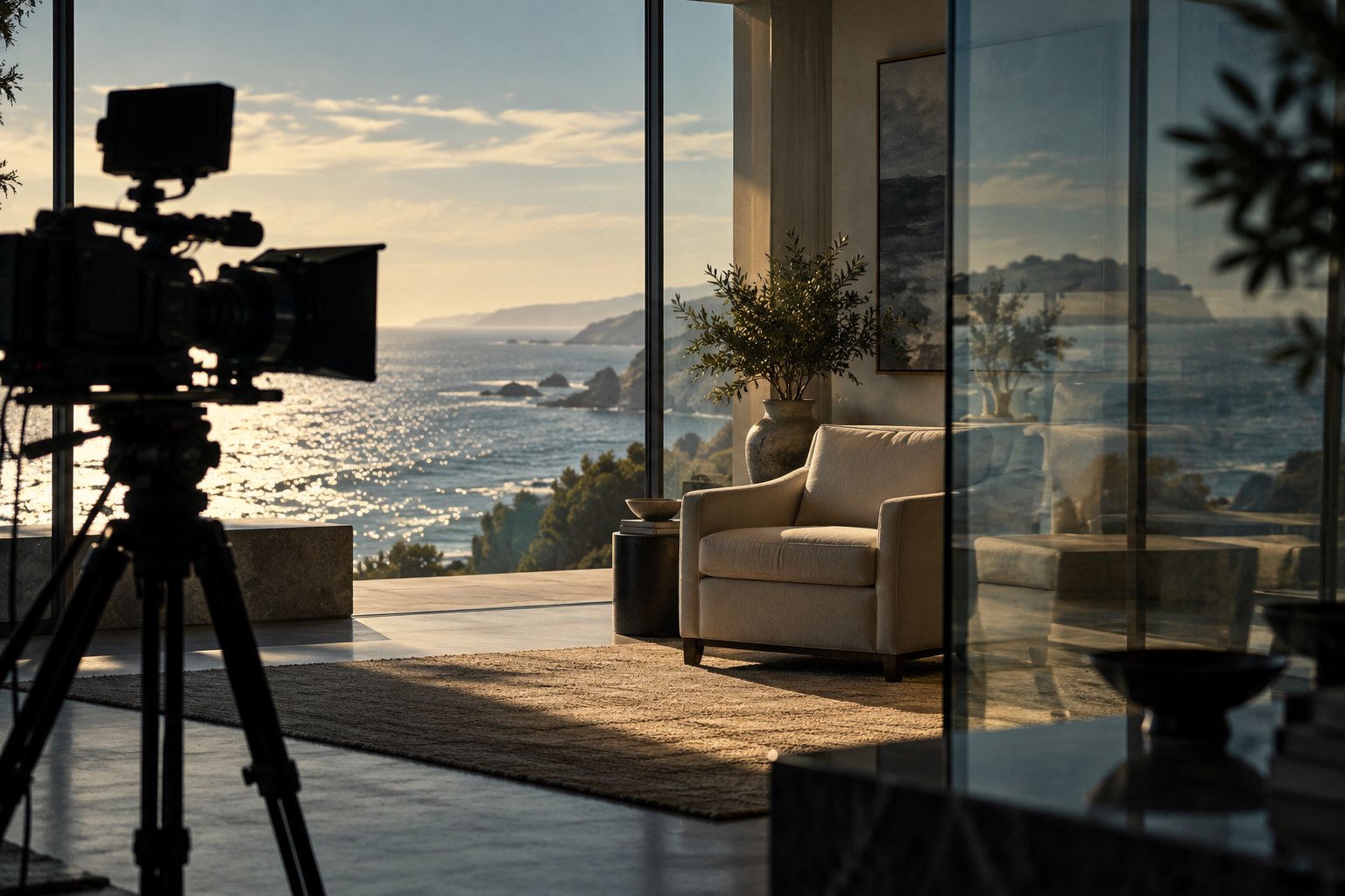 Conceptual illustration of a documentary camera facing an empty armchair through reflections in a coastal living room.
