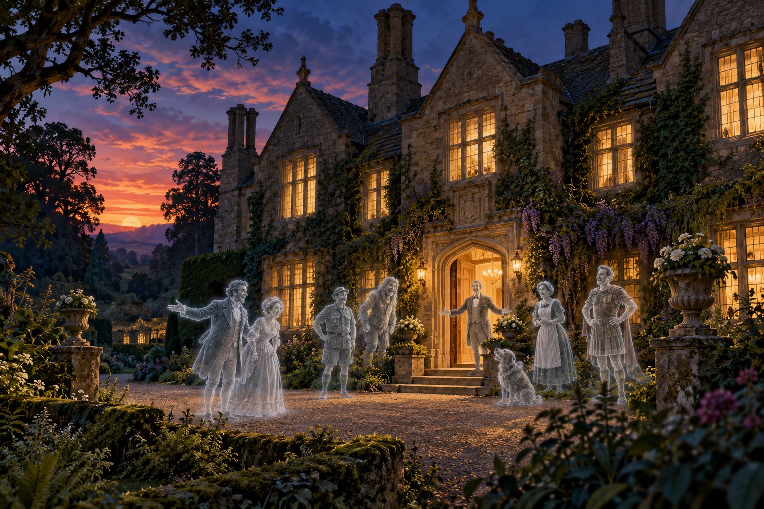 Painterly illustration of an English country manor at dusk with glowing windows and translucent figures near the entrance.