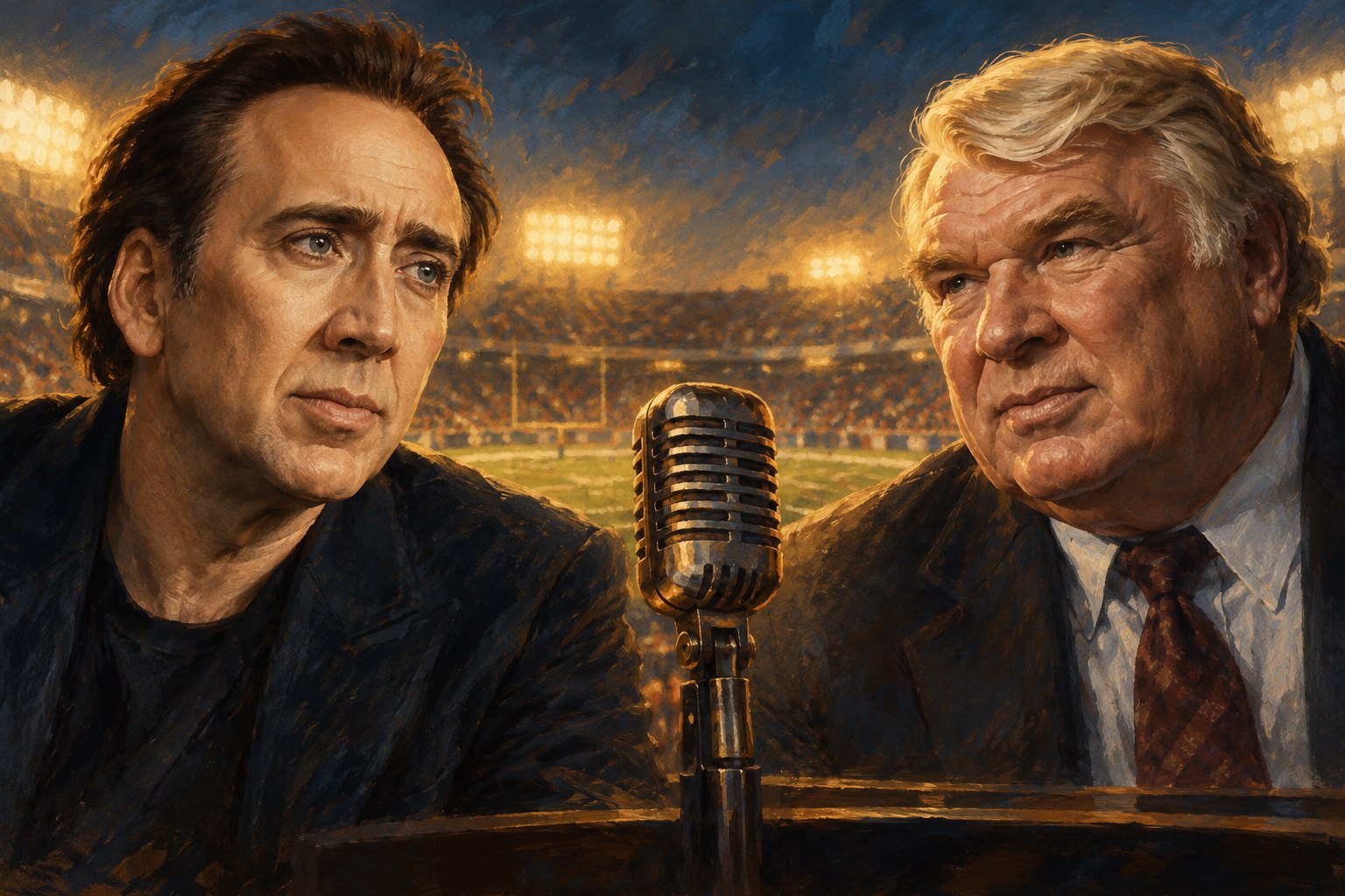 Editorial illustration of Nicolas Cage and John Madden beside a vintage microphone with stadium lights behind them.