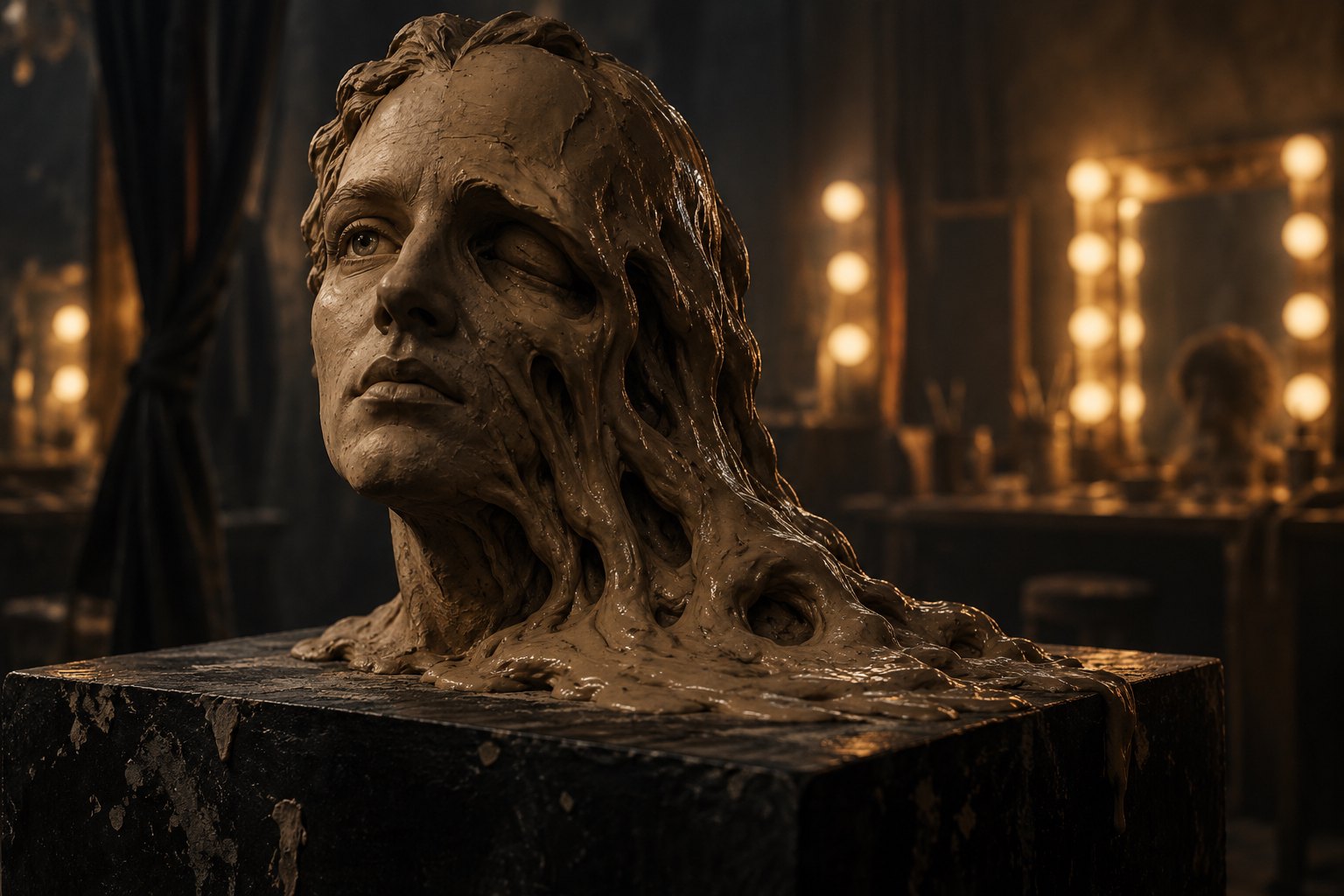 Conceptual illustration of a clay human head partially collapsing beneath blurred dressing-room lights.