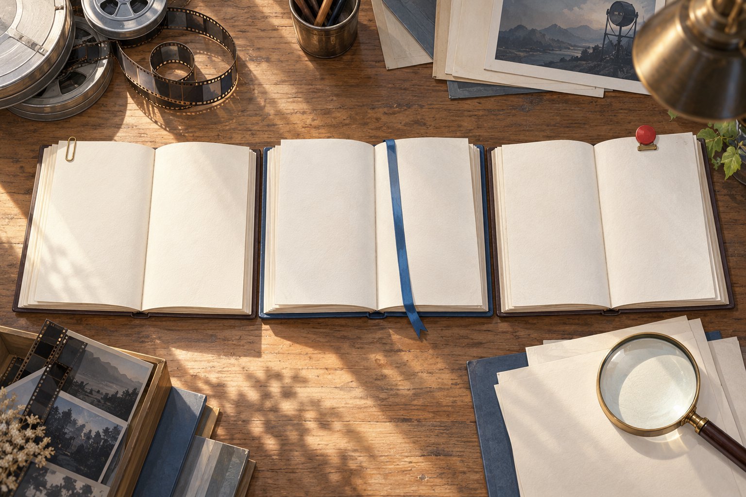 木桌上并排展开的空白册页、胶片与放大镜，象征对照阅读不同会议文件
