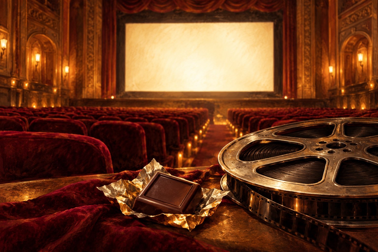 Conceptual illustration of chocolate and a film reel in a warmly lit vintage movie theater.