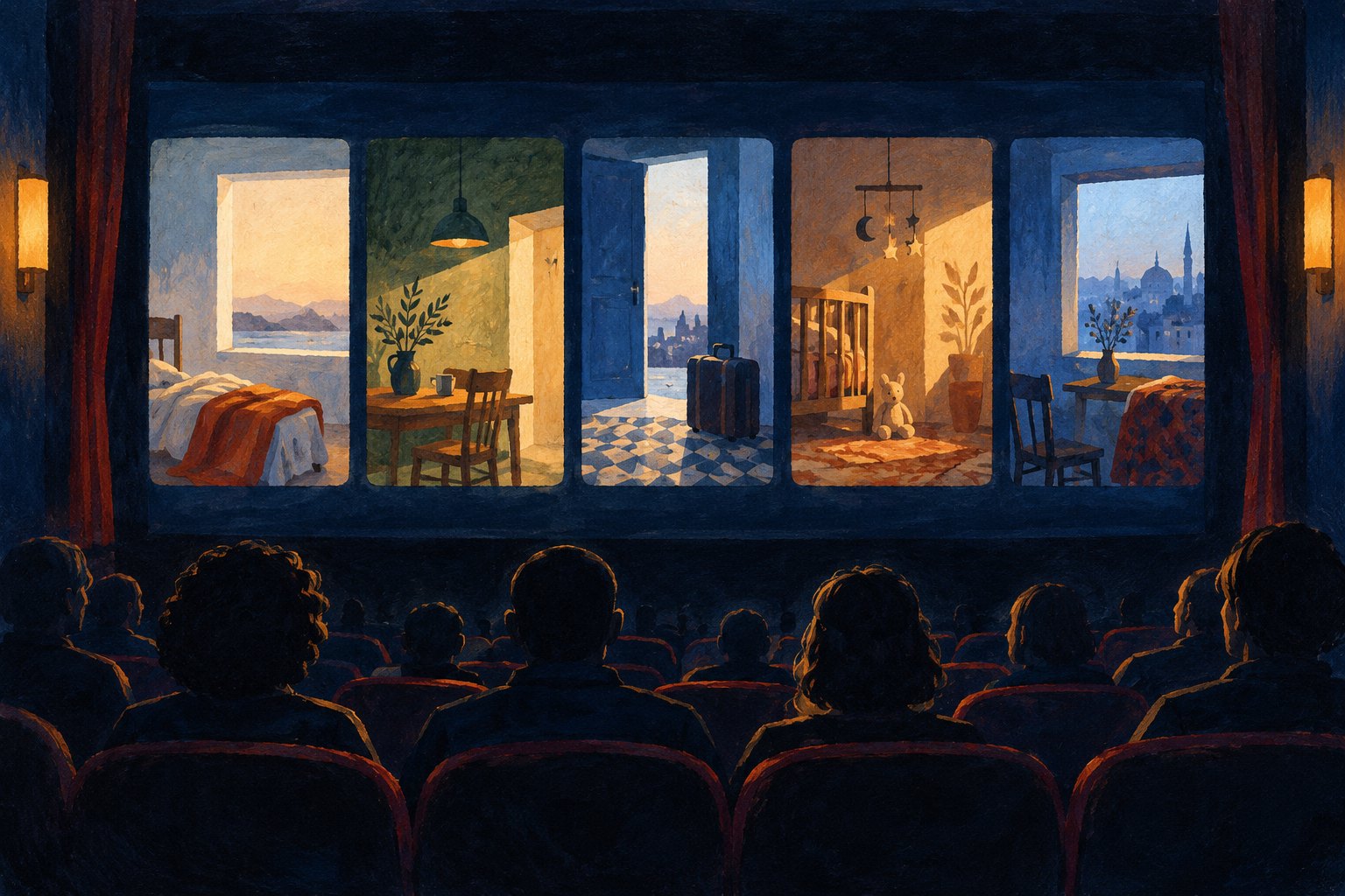 Conceptual illustration of a cinema audience facing five illuminated views of different domestic spaces.