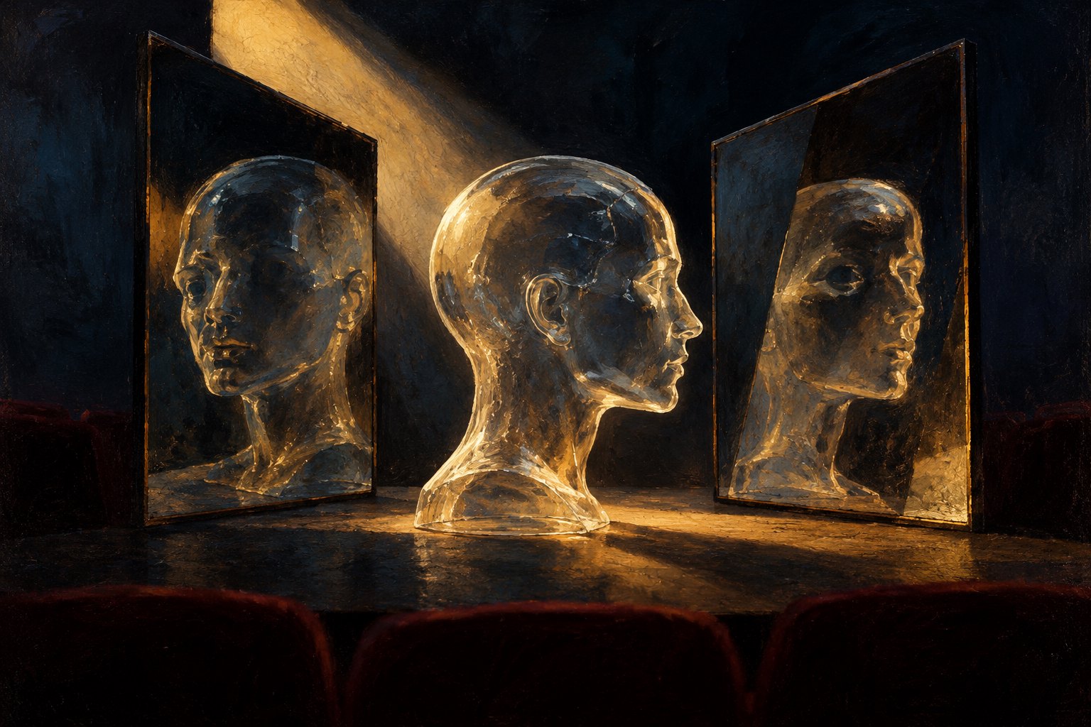 Conceptual illustration of a translucent human profile reflected in angled mirrors against a dark background.