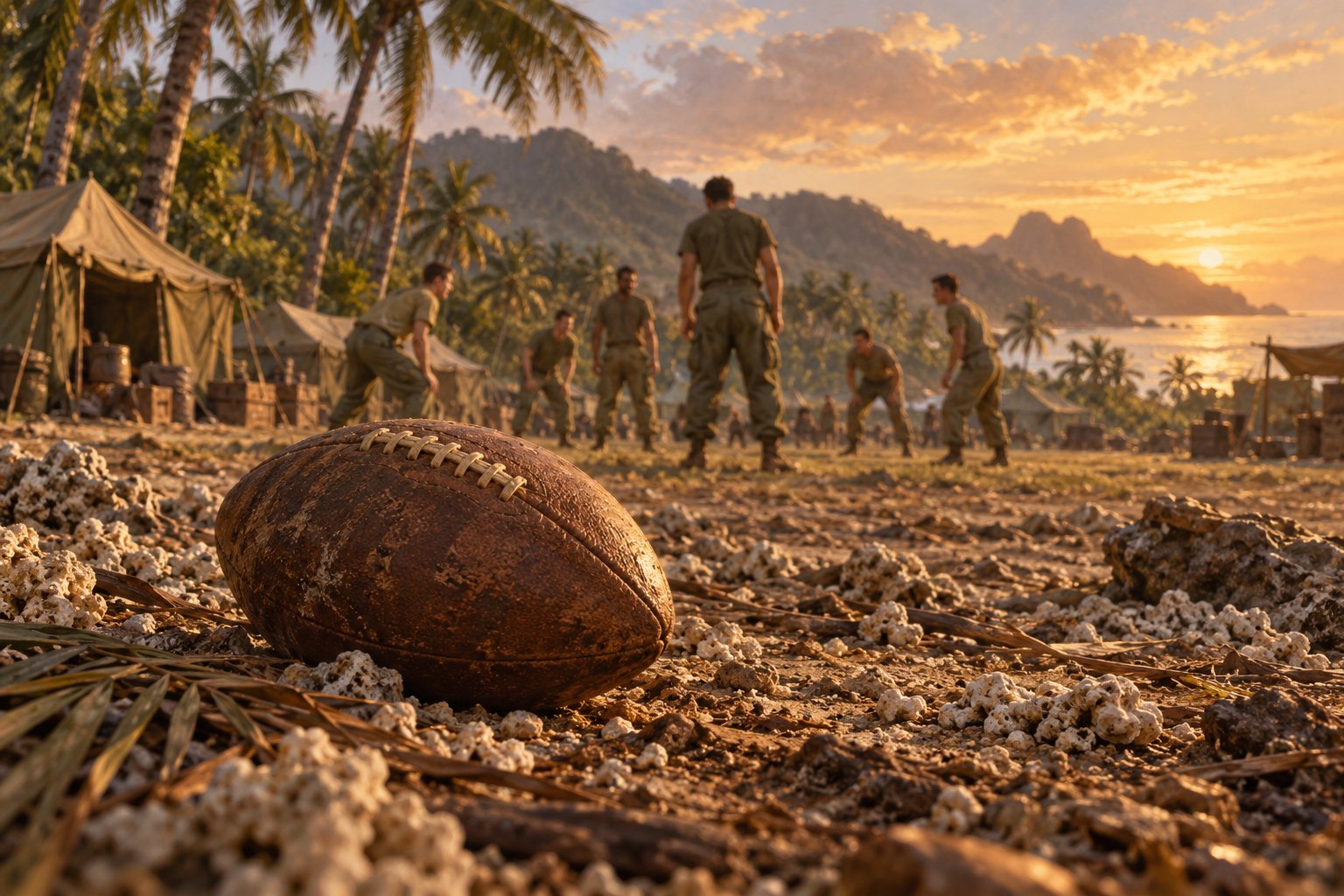 Editorial illustration of a worn football on rough ground as Marines gather near a tropical wartime camp.