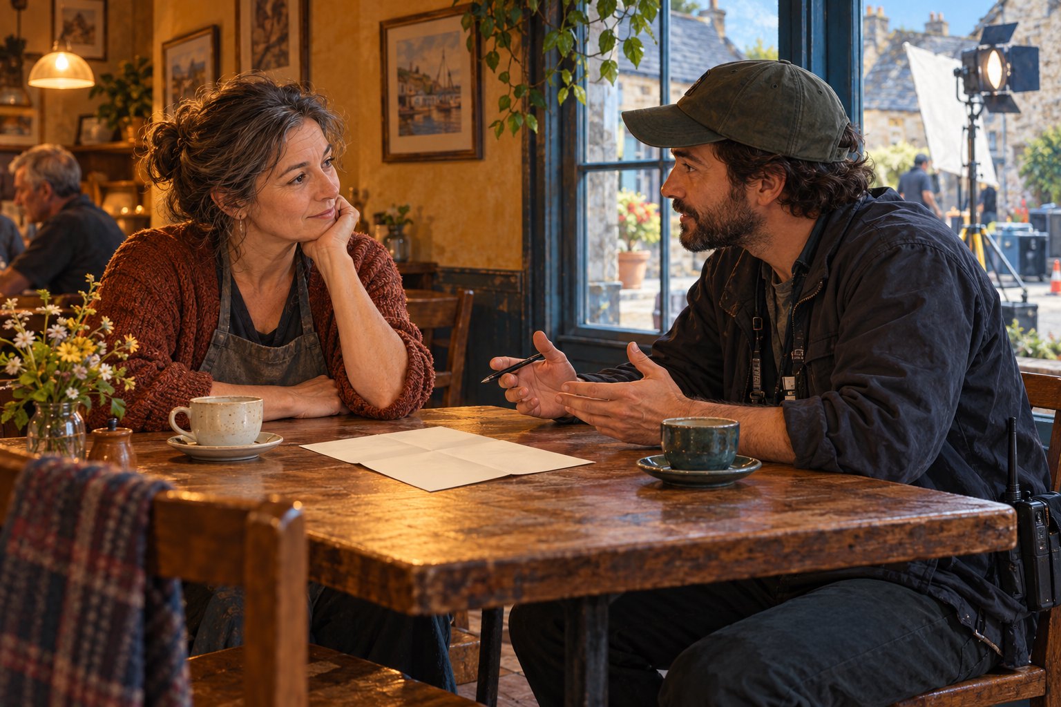Conceptual illustration of a resident and a film crew member talking in a cafe with production equipment visible outside.