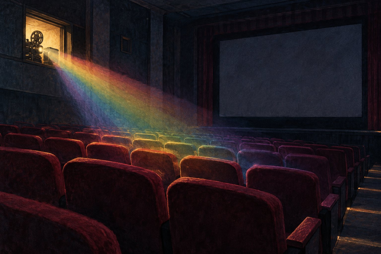 Conceptual illustration of an empty cinema with rainbow light falling across burgundy seats beneath a blank screen.