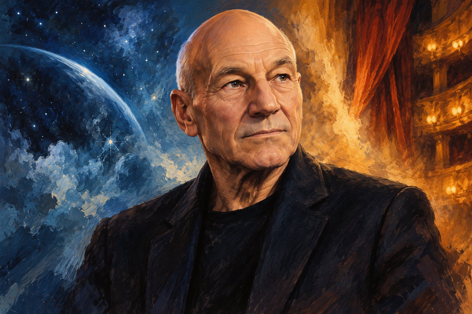 Painterly portrait of Patrick Stewart against an abstract background of cool blue stars and warm amber light.