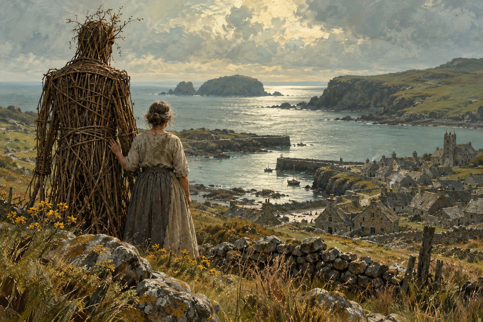 Original editorial illustration of a fisherwoman and a tall woven figure overlooking a coastal village.