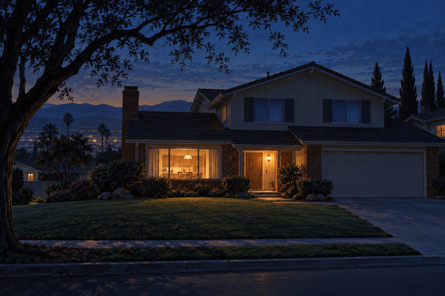 Imagined suburban house at twilight with warm windows beneath dark tree branches, illustrated for a Poltergeist review.