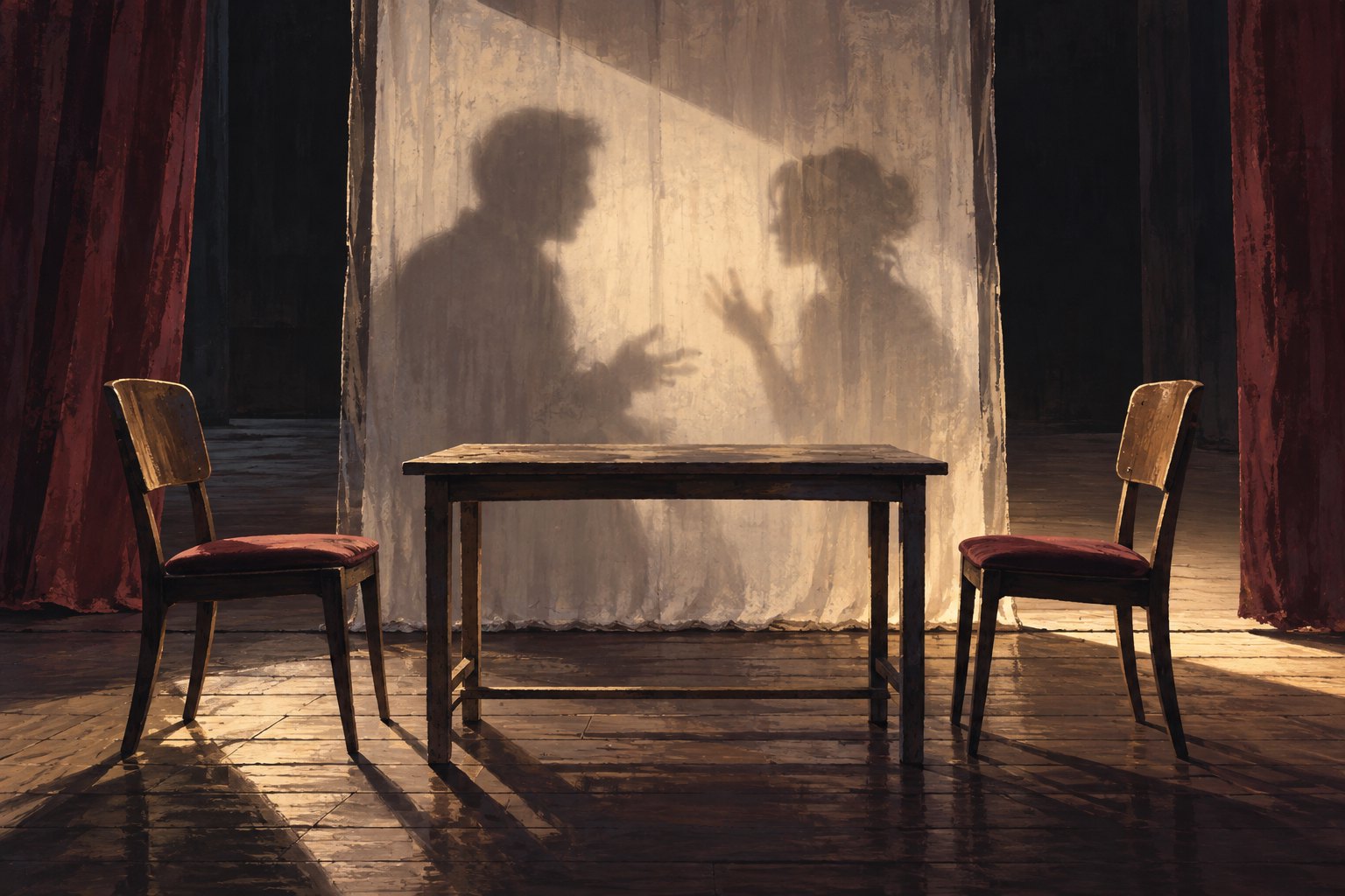Conceptual illustration of two empty chairs at a rehearsal table beneath human shadows projected onto a translucent curtain.