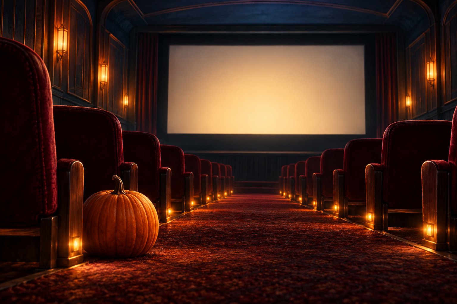An illustrated empty cinema with burgundy seats, a glowing blank screen, and a pumpkin beside the aisle.
