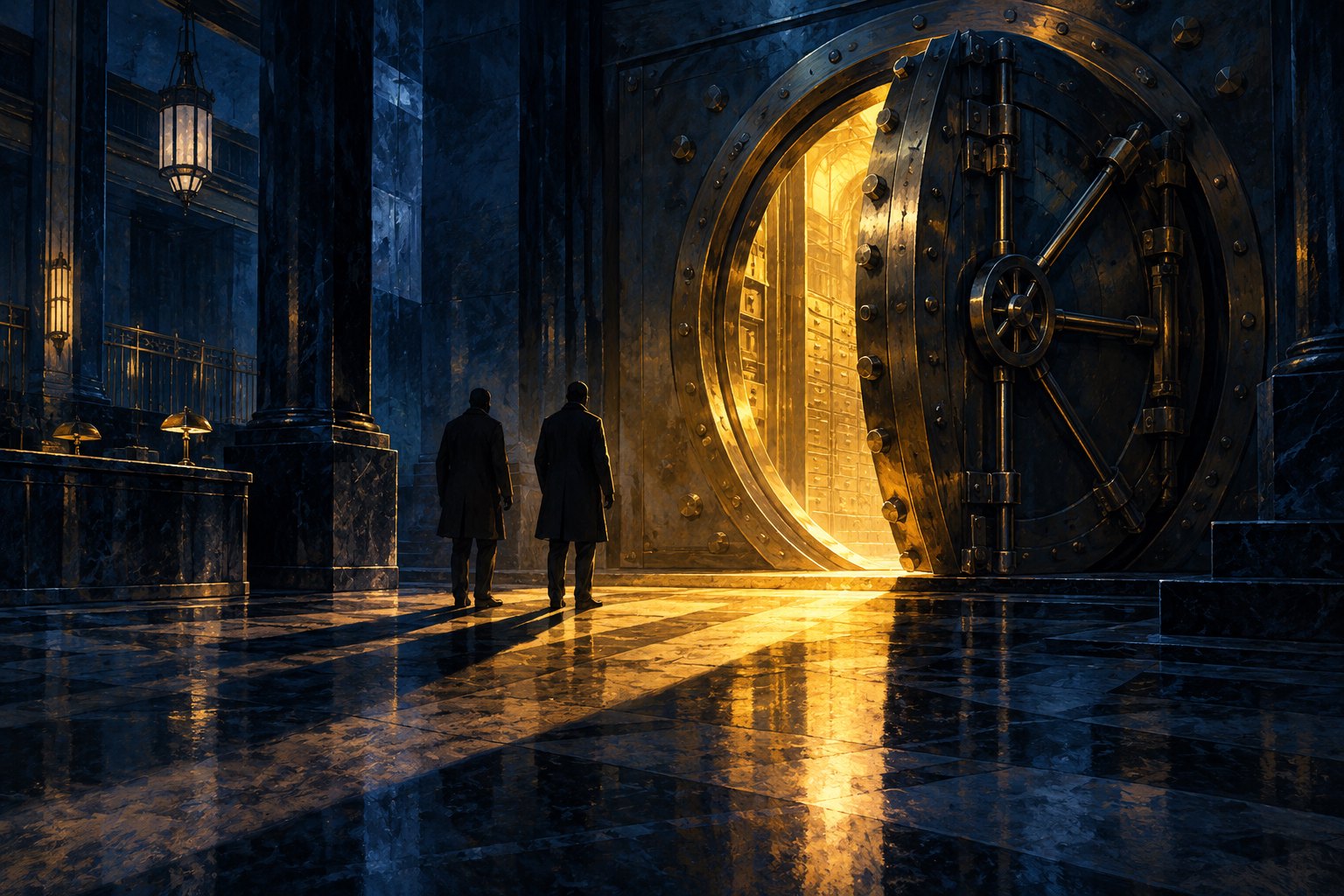 Conceptual noir illustration of an open bank vault casting golden light across a dark floor with two human shadows.