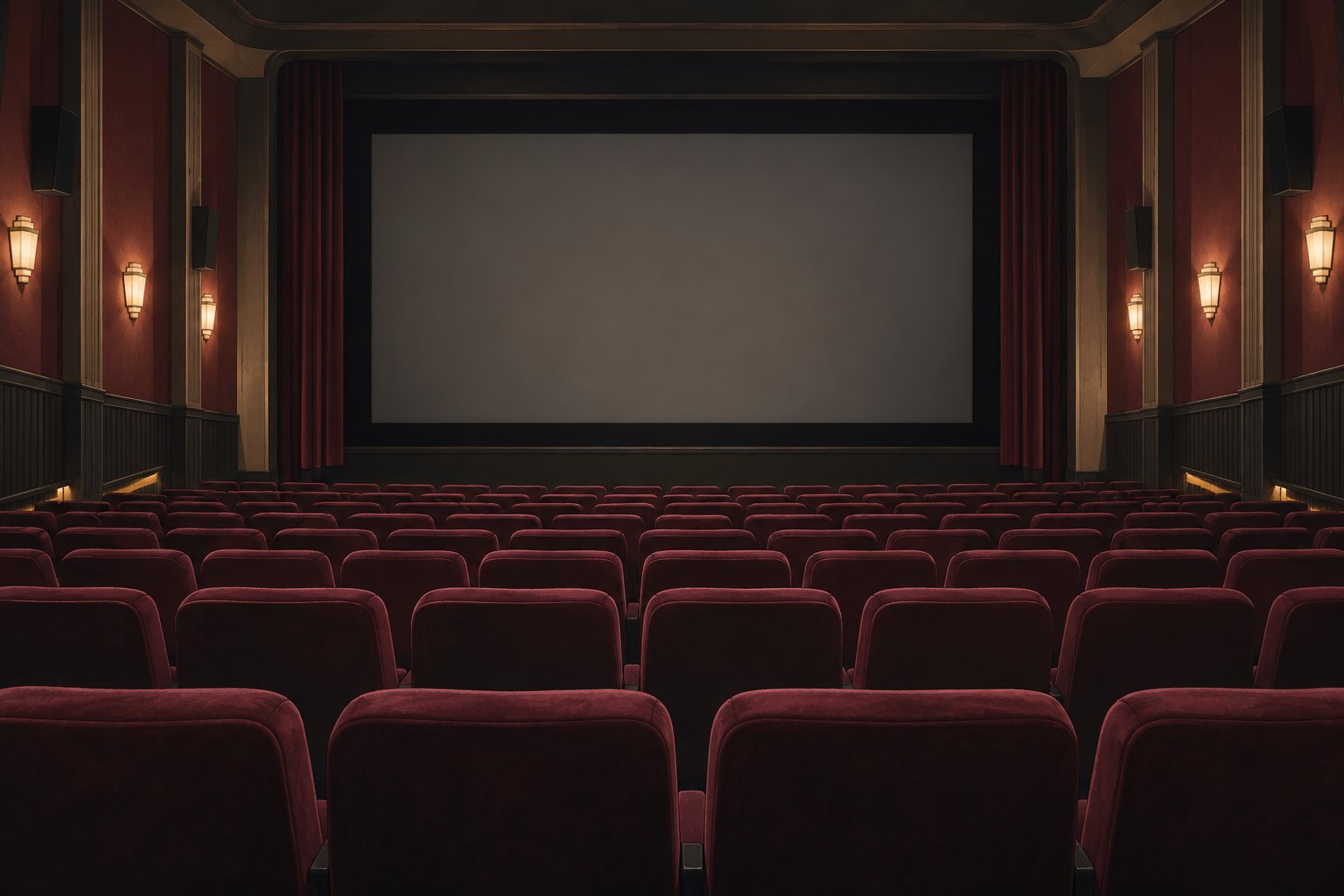 Conceptual illustration of an empty movie auditorium with burgundy seats facing a blank screen.