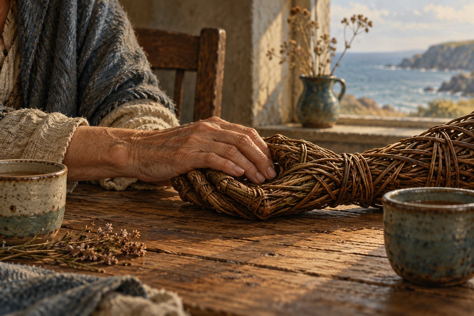 Original thematic illustration of a woman's hand resting on a woven hand beside two ceramic cups.