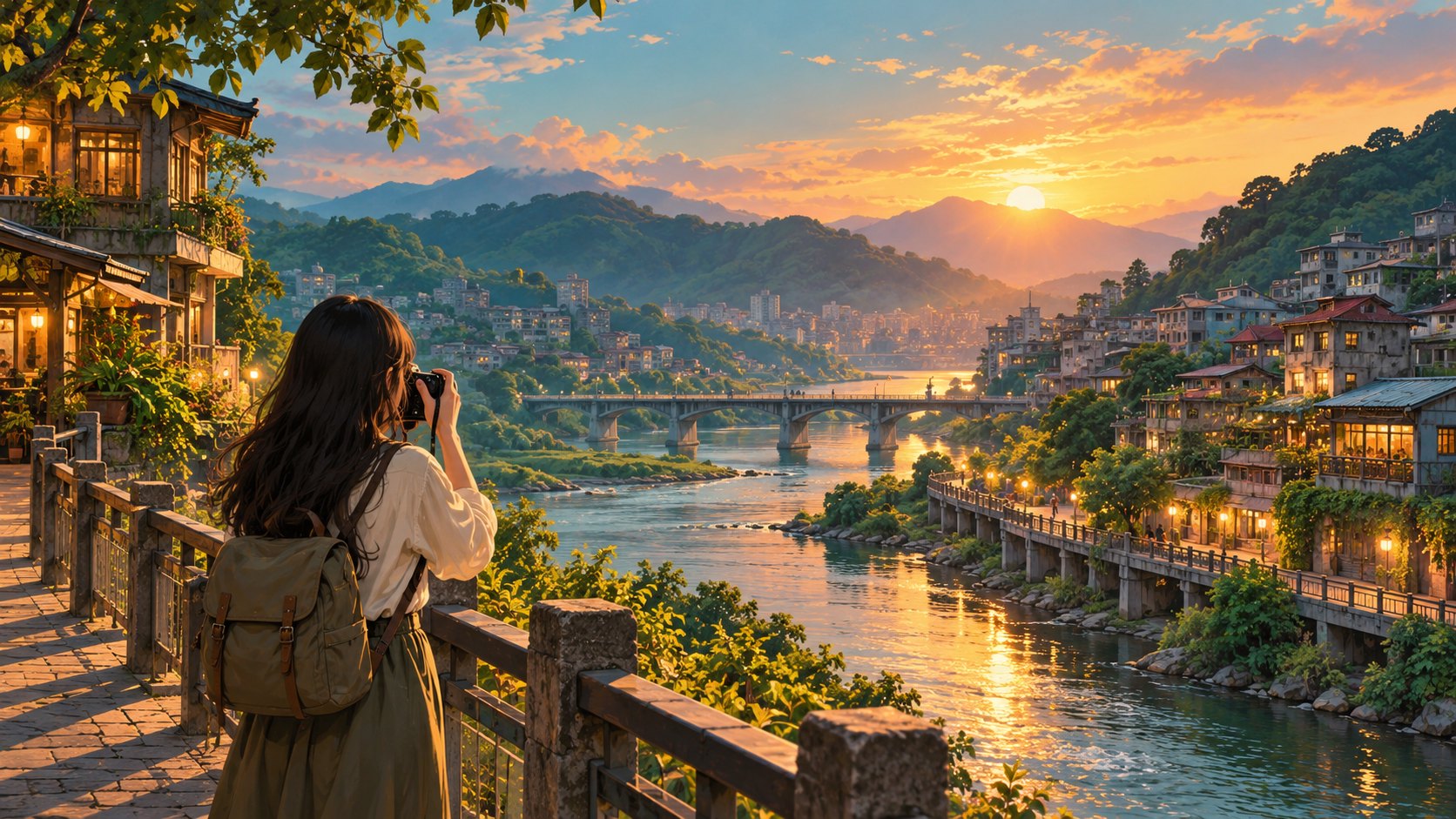 旅人在夕陽下舉起相機，望向河岸聚落與遠山的追劇旅行概念插畫
