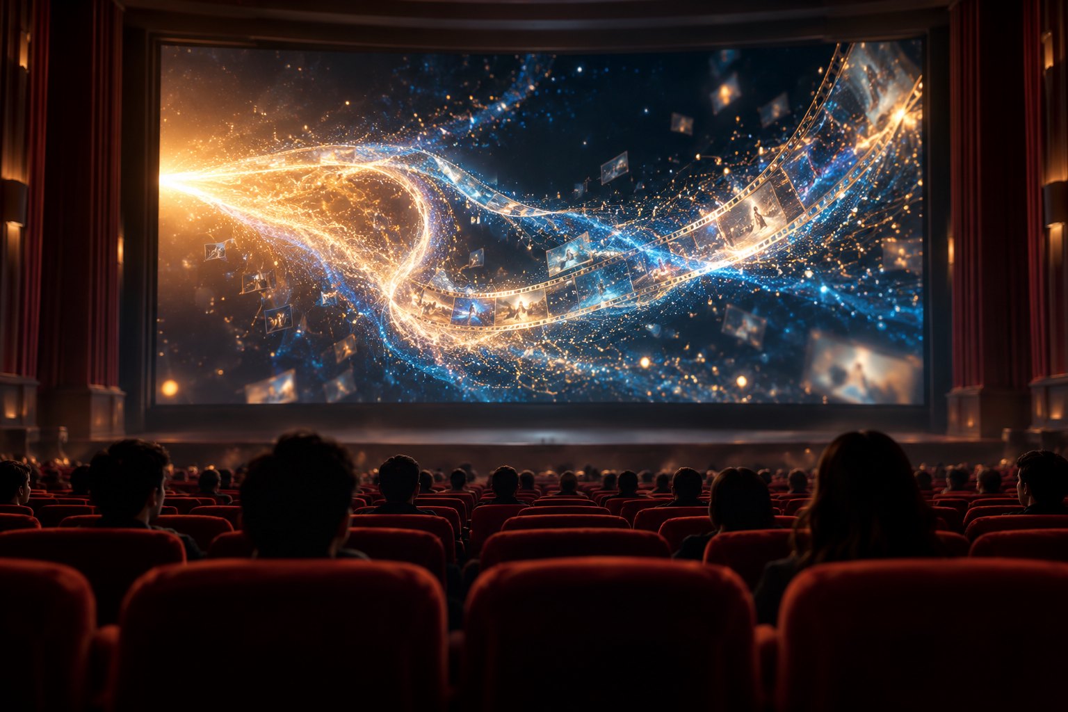 观众坐在红色座椅间观看蓝金色粒子光流,呈现数字影像进入影院的概念场景