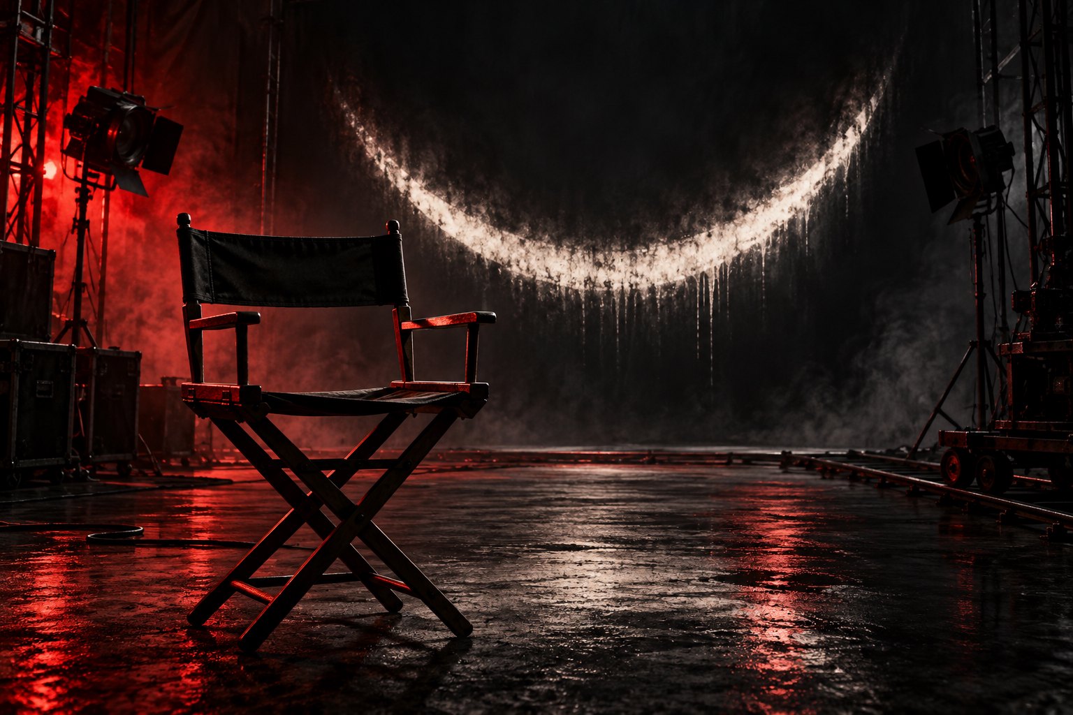 An empty director’s chair faces a sinister smile-shaped light in a dark, red-lit film studio.