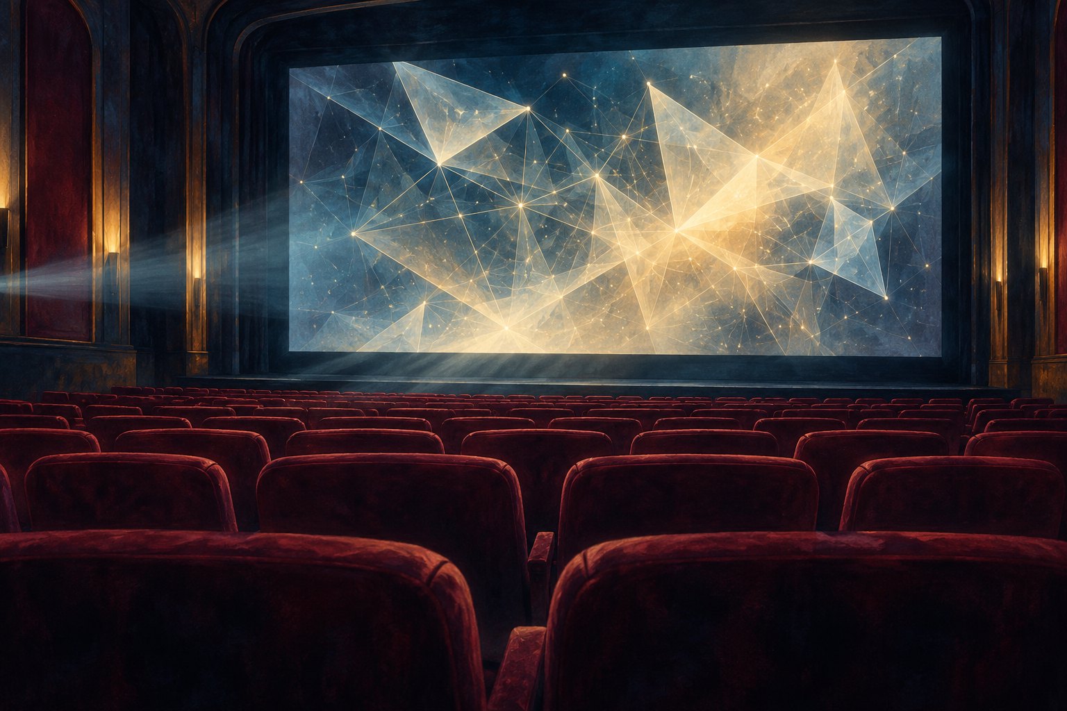 Conceptual illustration of empty burgundy cinema seats facing a glowing screen filled with an abstract geometric network.