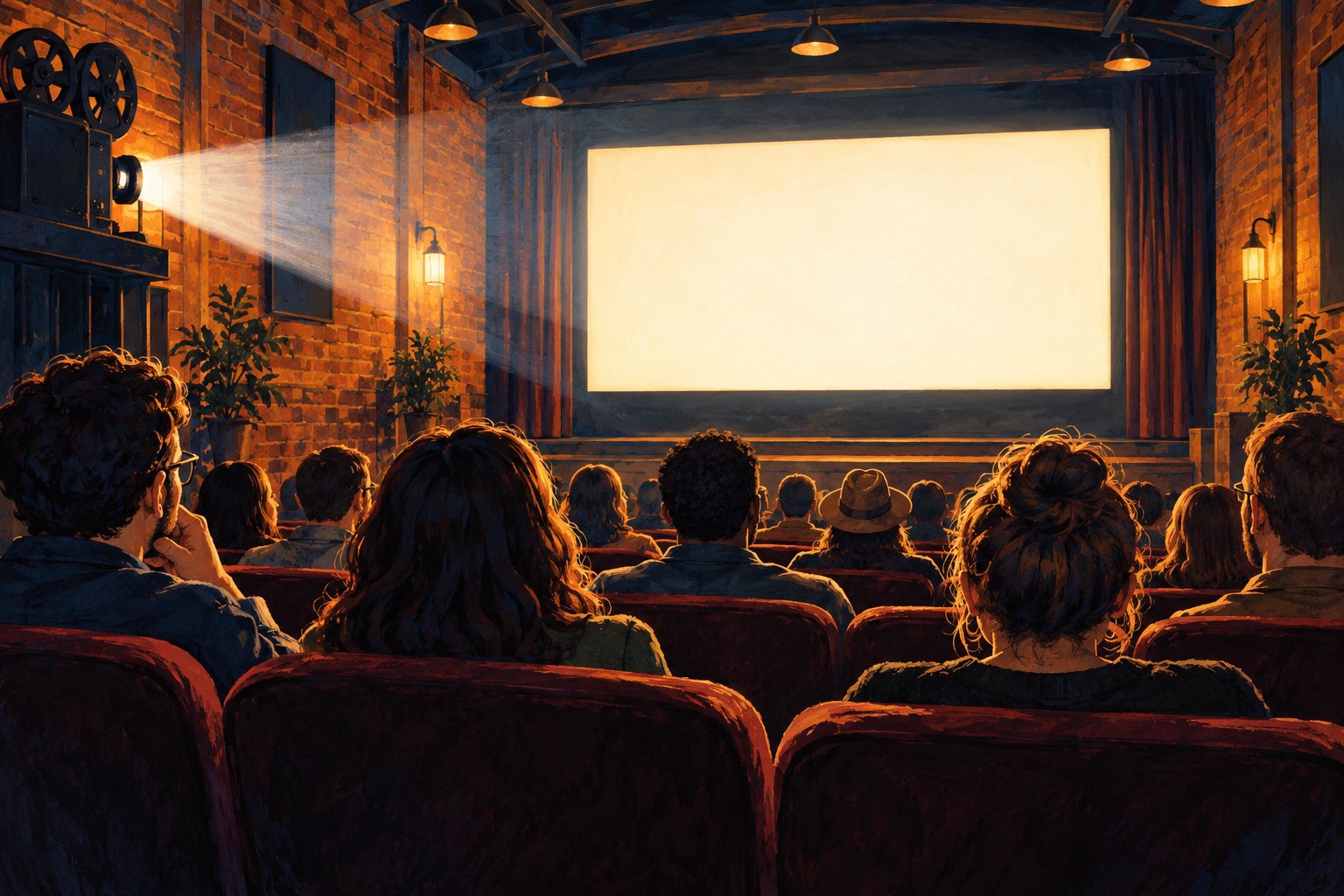 Editorial illustration of an audience watching a luminous screen inside an intimate, warmly lit brick cinema.