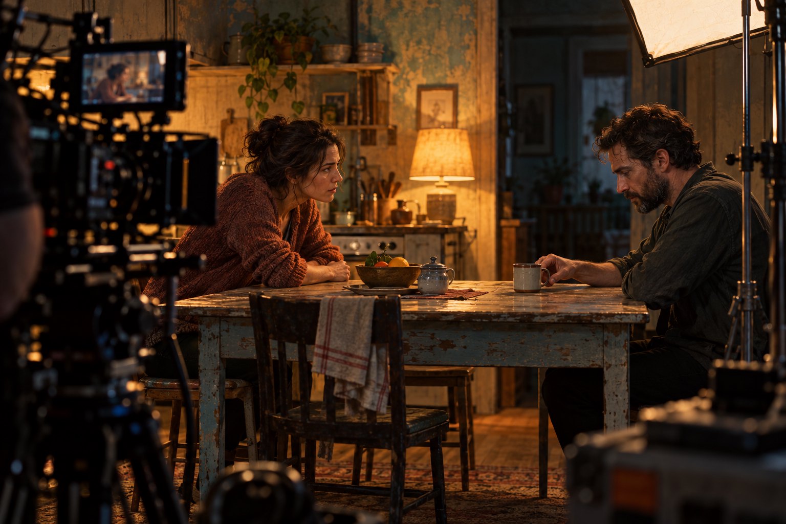 Two actors sit across a kitchen table on an imagined film set, with a camera and lighting equipment surrounding them.
