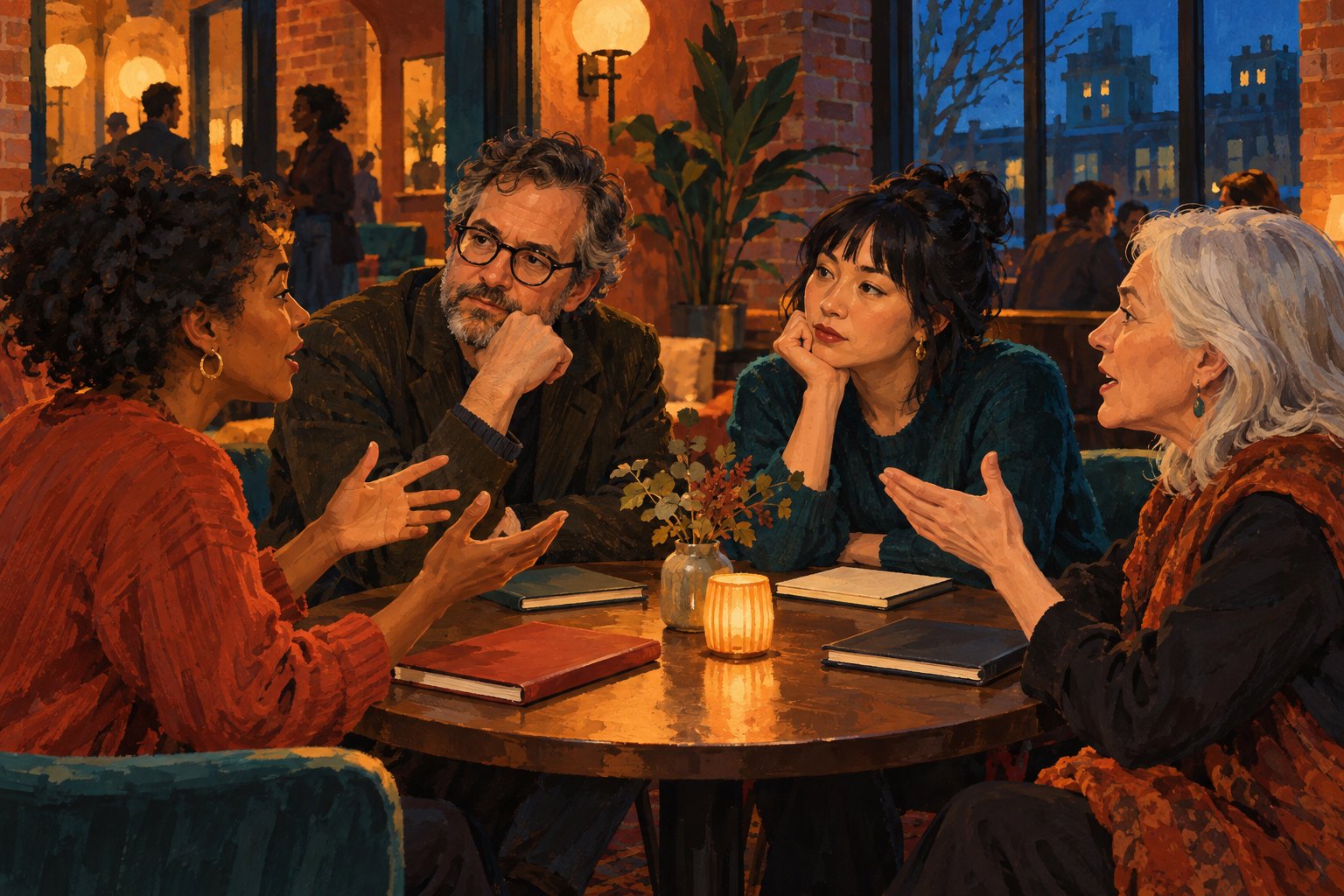 Editorial illustration of four moviegoers discussing a film around a table in a warmly lit brick cinema lobby.