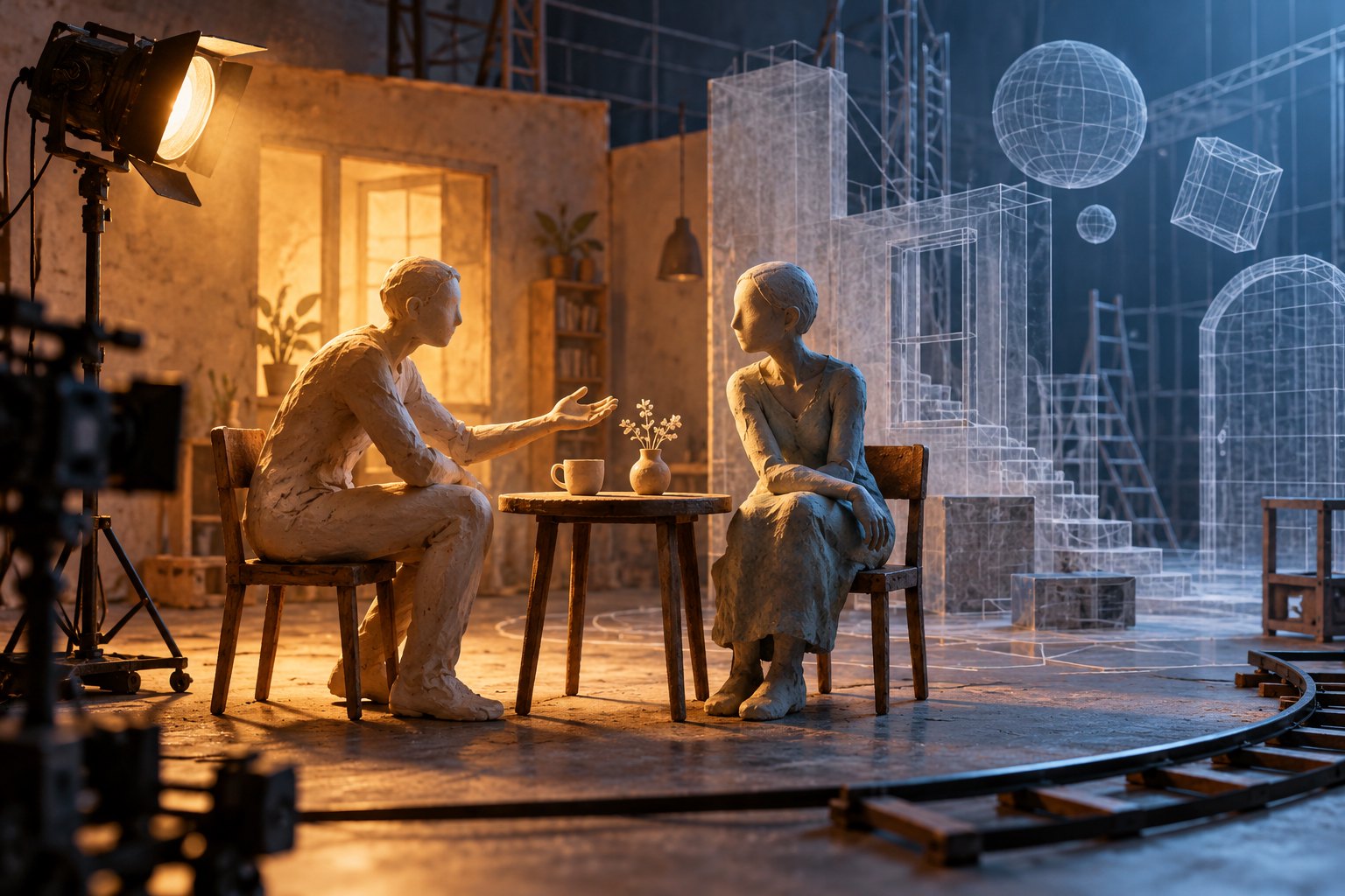 Conceptual illustration of two clay figures reaching toward connection on a miniature set that dissolves into geometric wireframes.