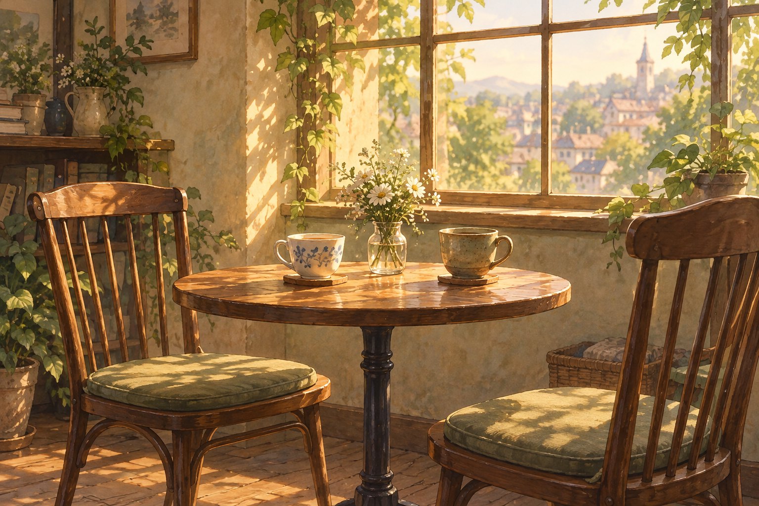 Illustration of two ceramic cups on a wooden cafe table between empty chairs in soft afternoon light.