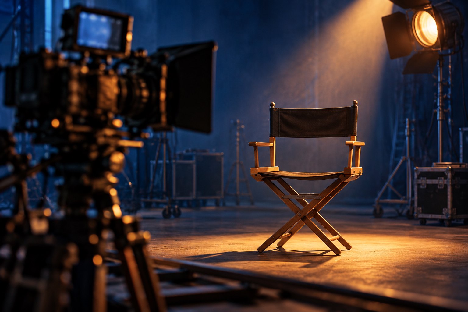 Conceptual illustration of an empty black canvas chair under warm studio lighting, with a cinema camera in the foreground.