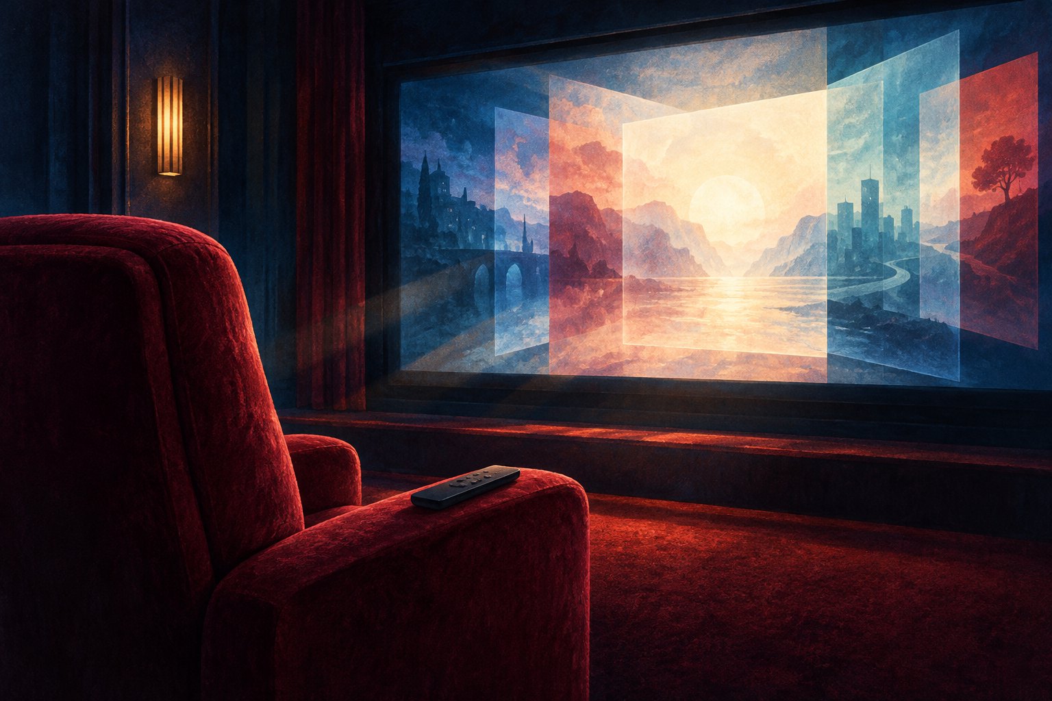 An empty burgundy cinema seat with a remote faces a glowing screen in a dark room.