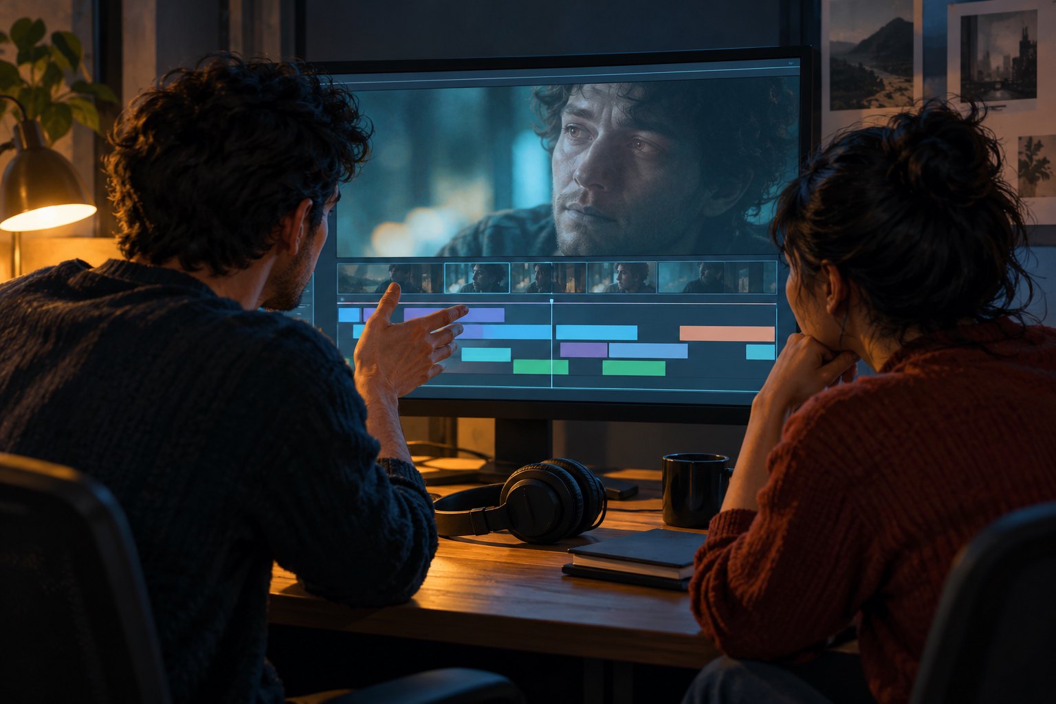 Two film students discuss an actor’s close-up on an editing monitor in a warmly lit workspace.
