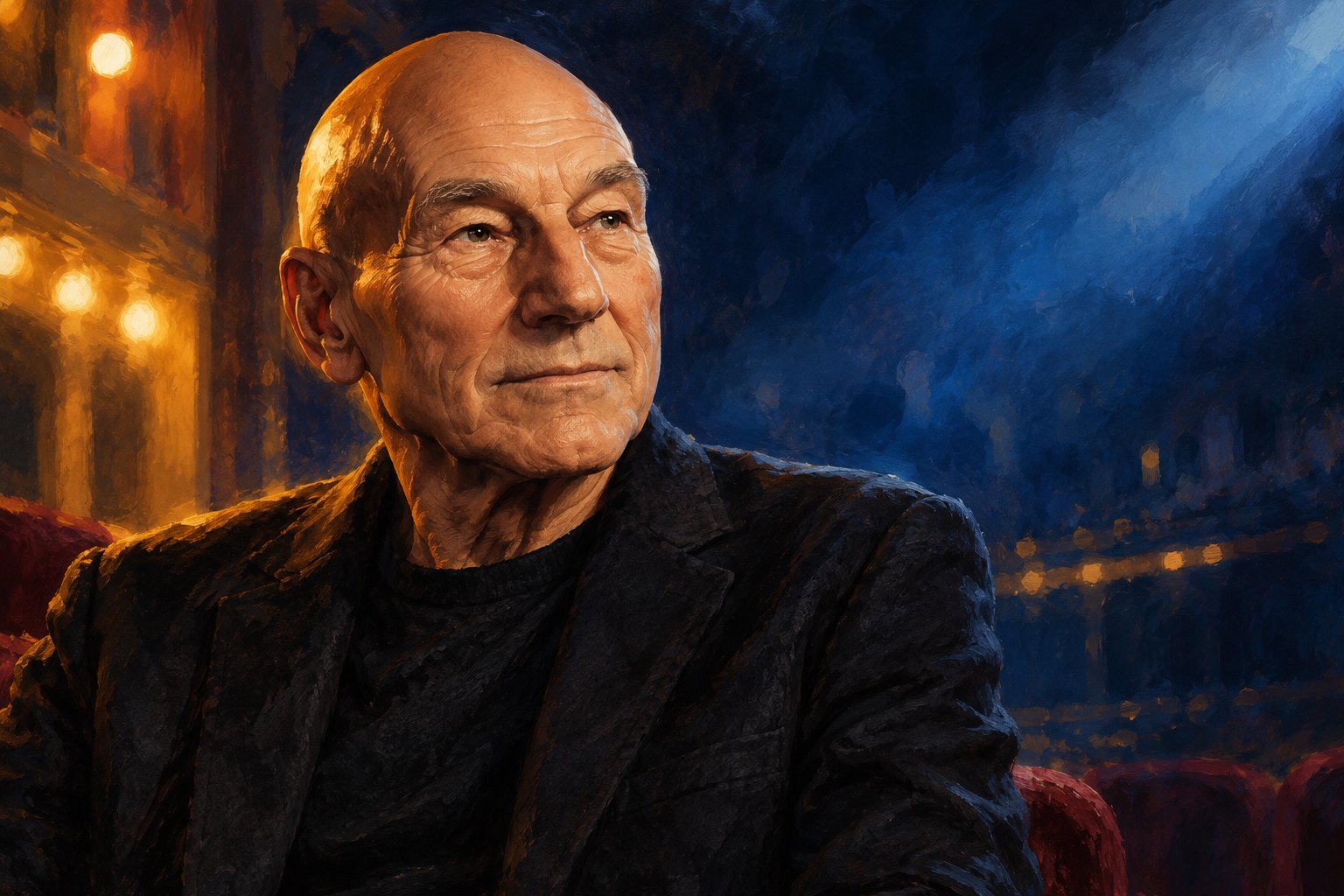 Painterly portrait of Patrick Stewart in a dark jacket, illuminated by warm theater lights against a deep blue background.