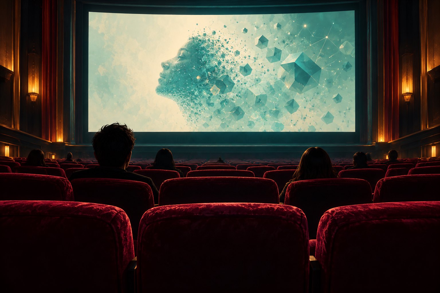 Conceptual illustration of a sparsely occupied cinema with burgundy seats facing a screen of glowing geometric particles.