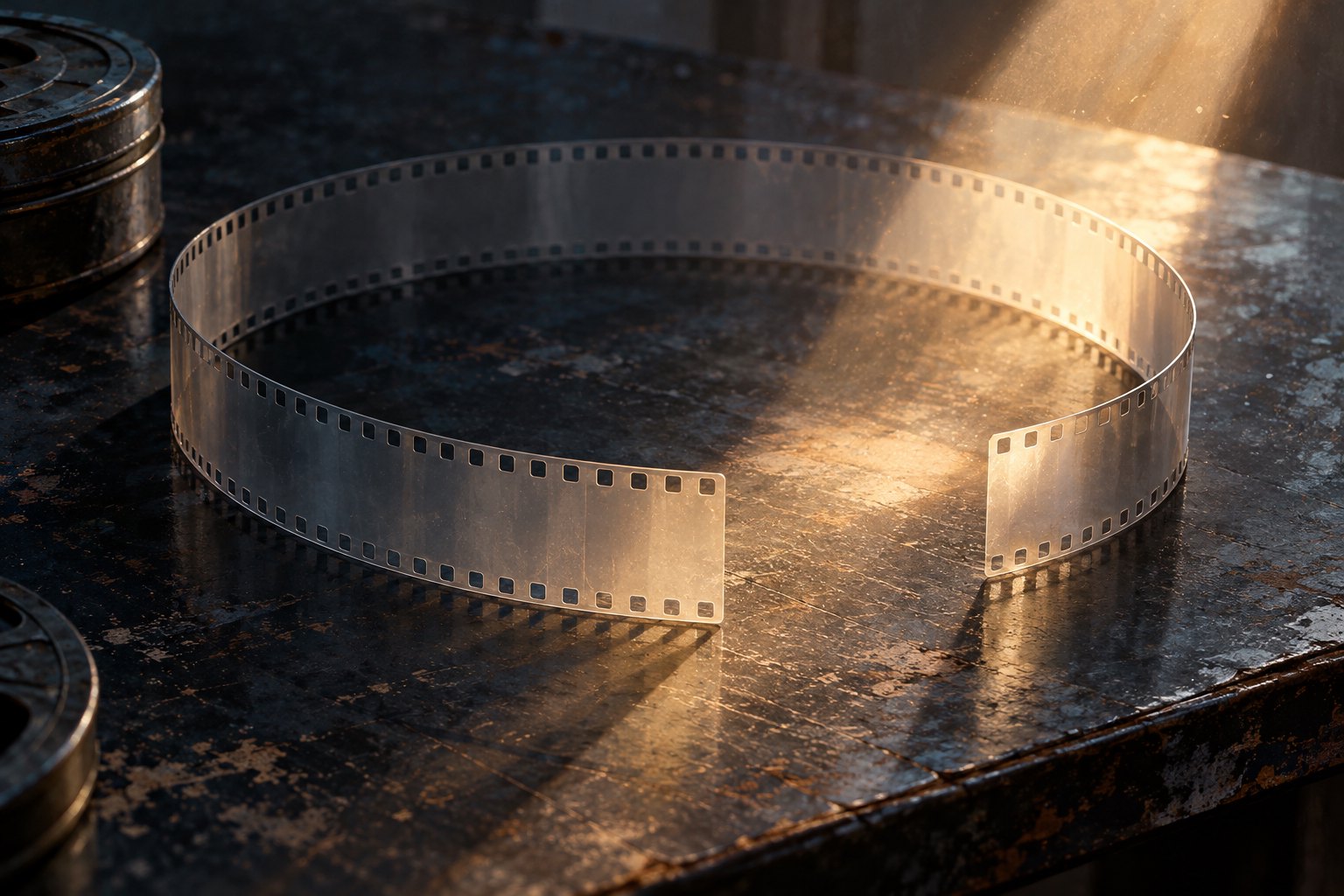 Conceptual illustration of a translucent filmstrip forming an open circle on a dark editing table in warm light.