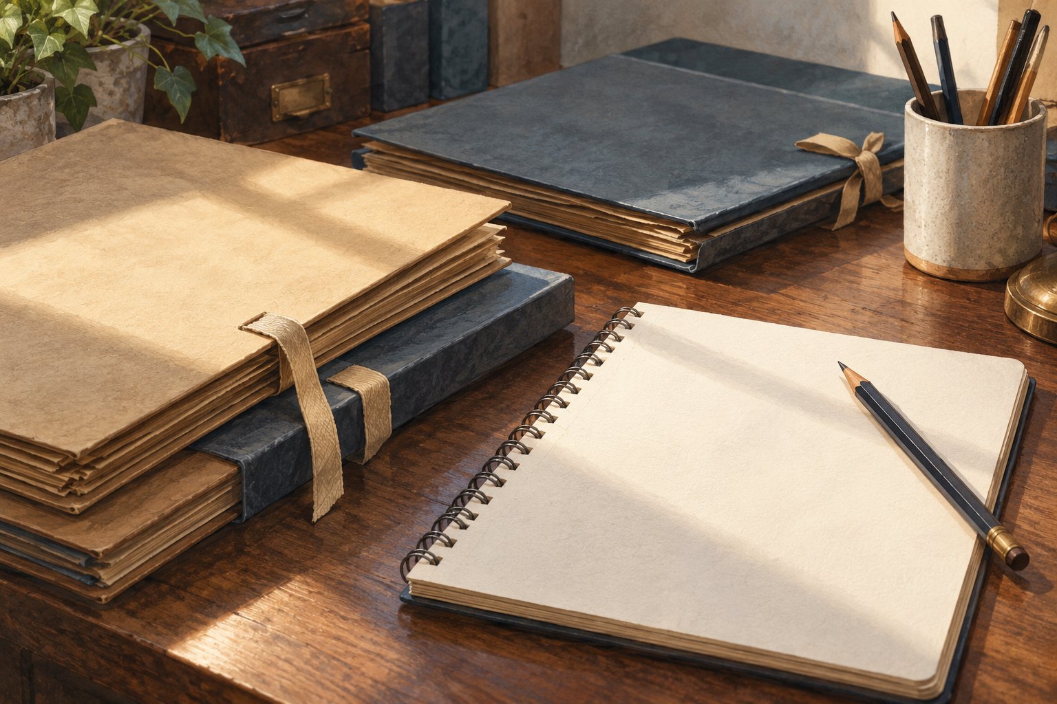 Conceptual illustration of closed archival folders and a blank notebook on a sunlit wooden desk.