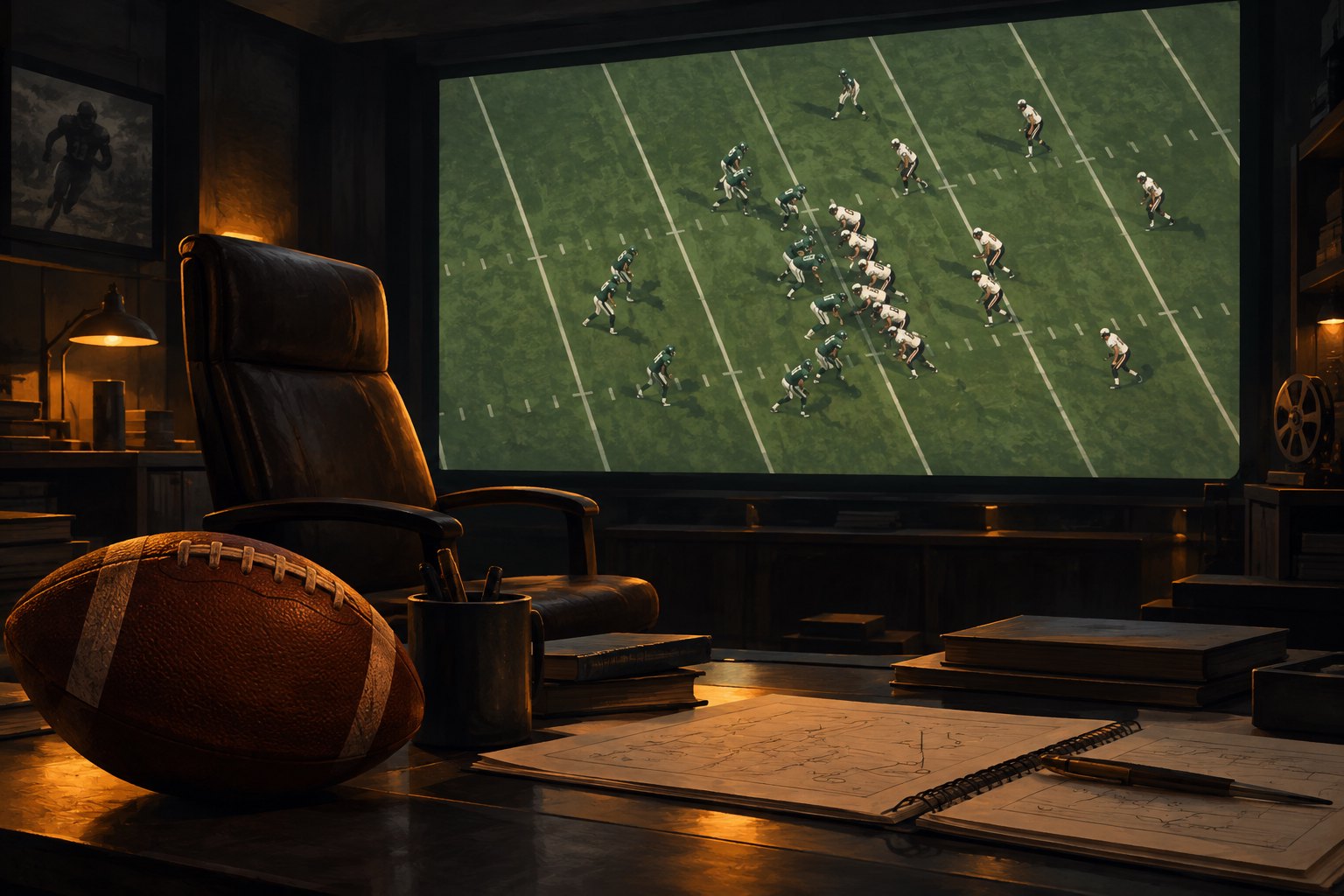 Editorial illustration of a football on a desk in a dim screening room facing a large screen of football action.