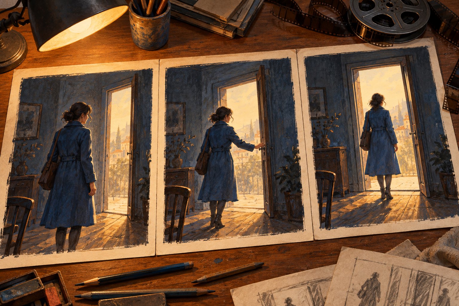Conceptual storyboard illustration showing a woman in a blue coat approaching and crossing a doorway across three panels.