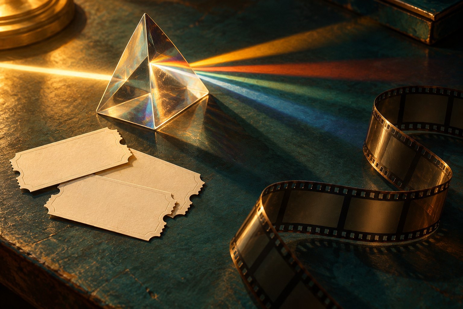 Conceptual illustration of blank admission tickets, a glass prism splitting light, and a filmstrip on a dark teal tabletop.