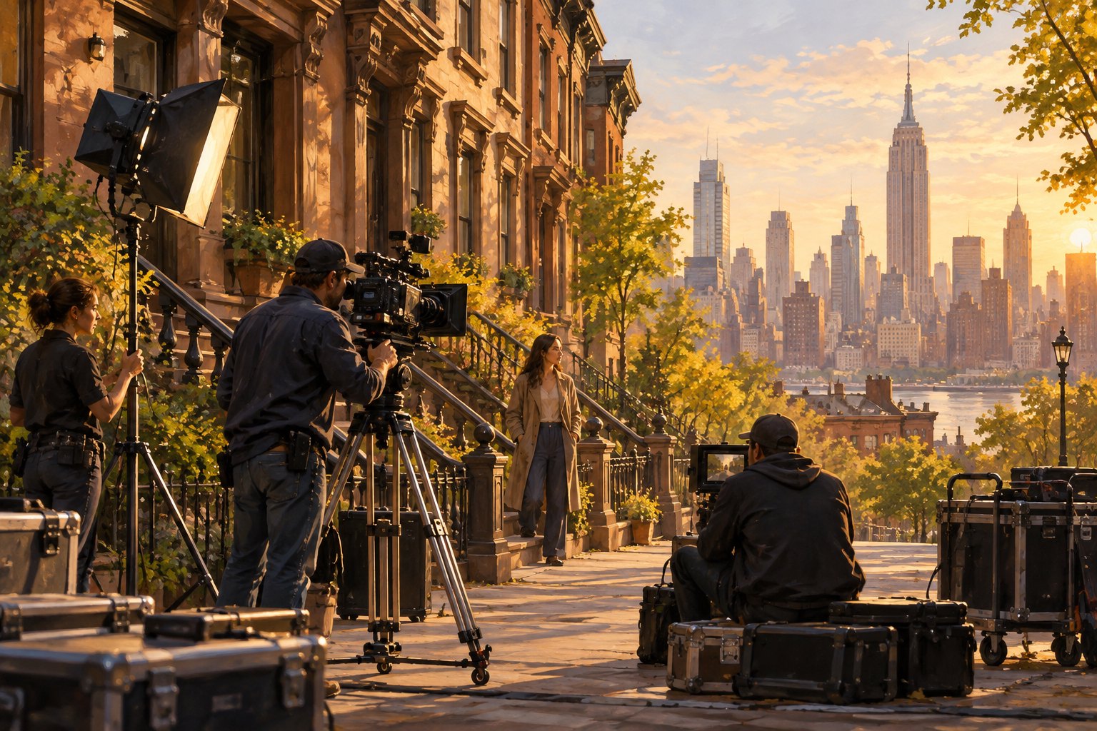 Editorial illustration of a film crew working beside New York brownstones with a sunlit skyline in the distance.