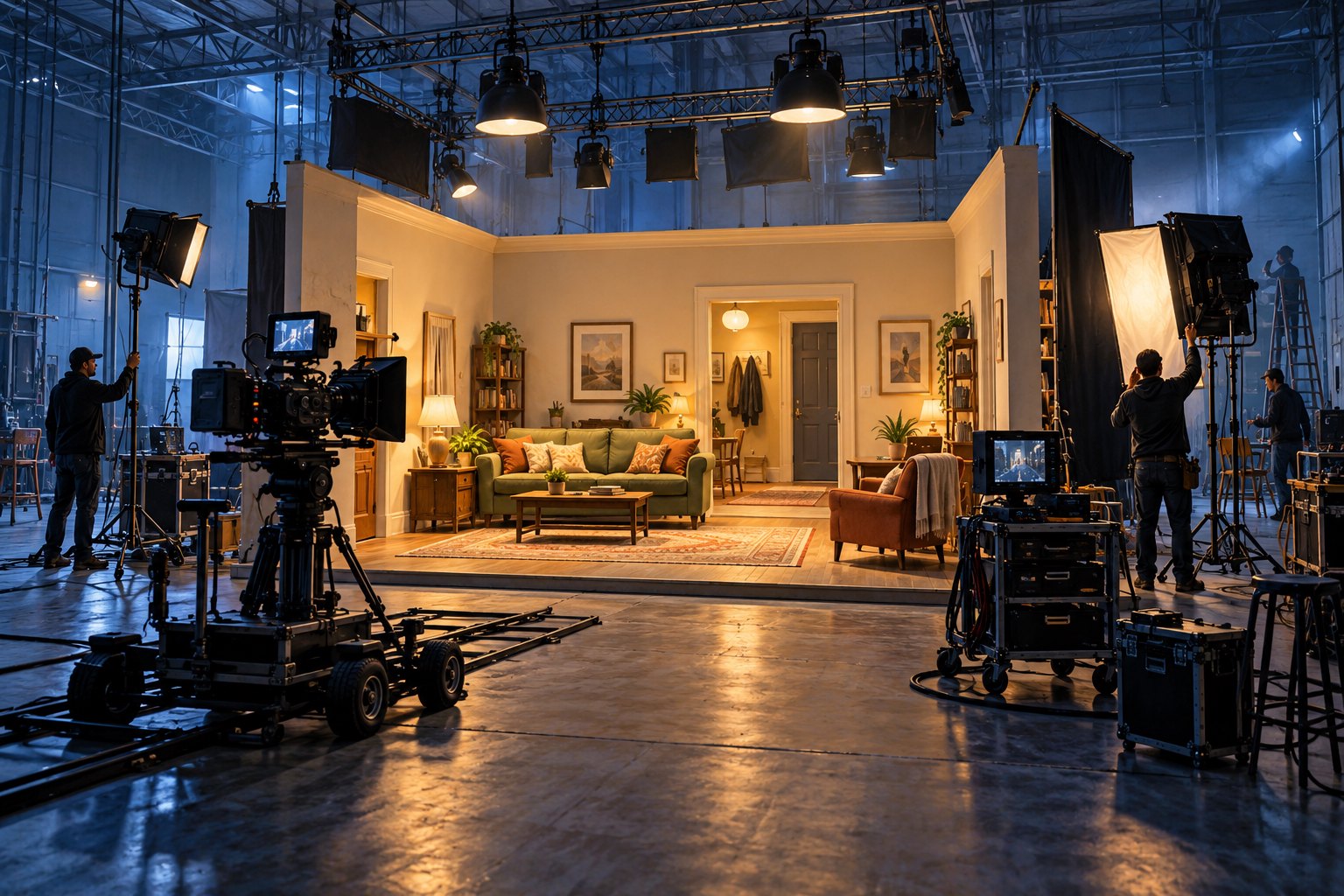 Editorial illustration of an apartment set inside a soundstage, surrounded by cameras, overhead lights, and crew members.