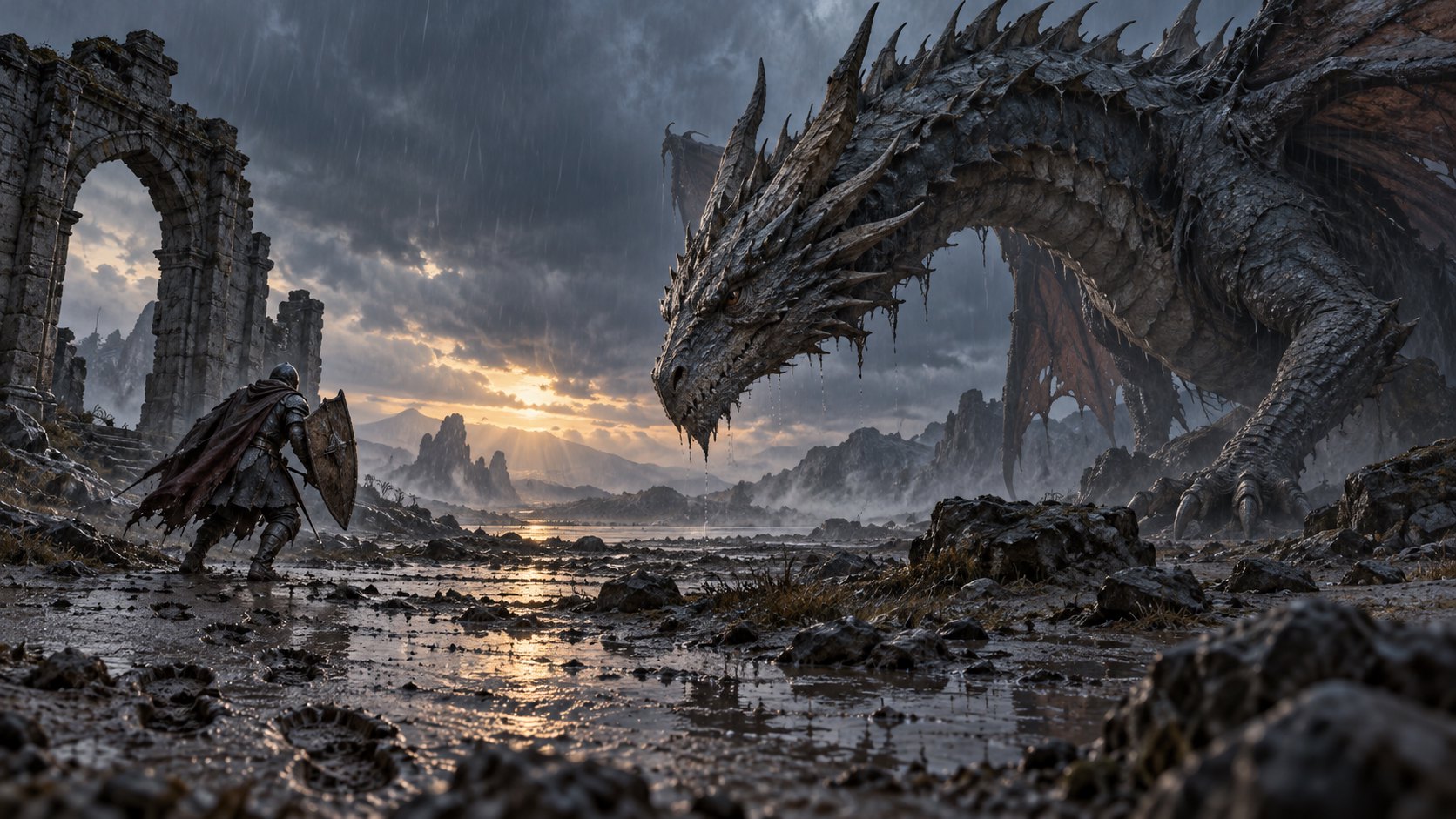 持盾戰士在雨中荒地面對俯身巨龍，呈現戰鬥距離與壓迫感的概念插圖，非電影劇照