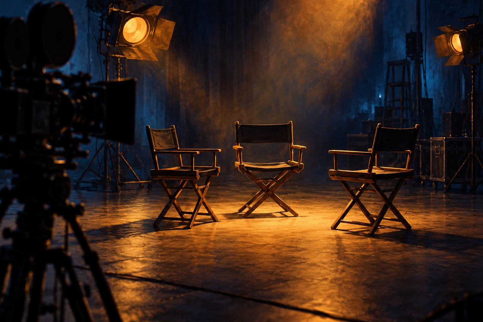 Conceptual illustration of three empty actor chairs under warm soundstage lights, with a movie camera in the foreground.