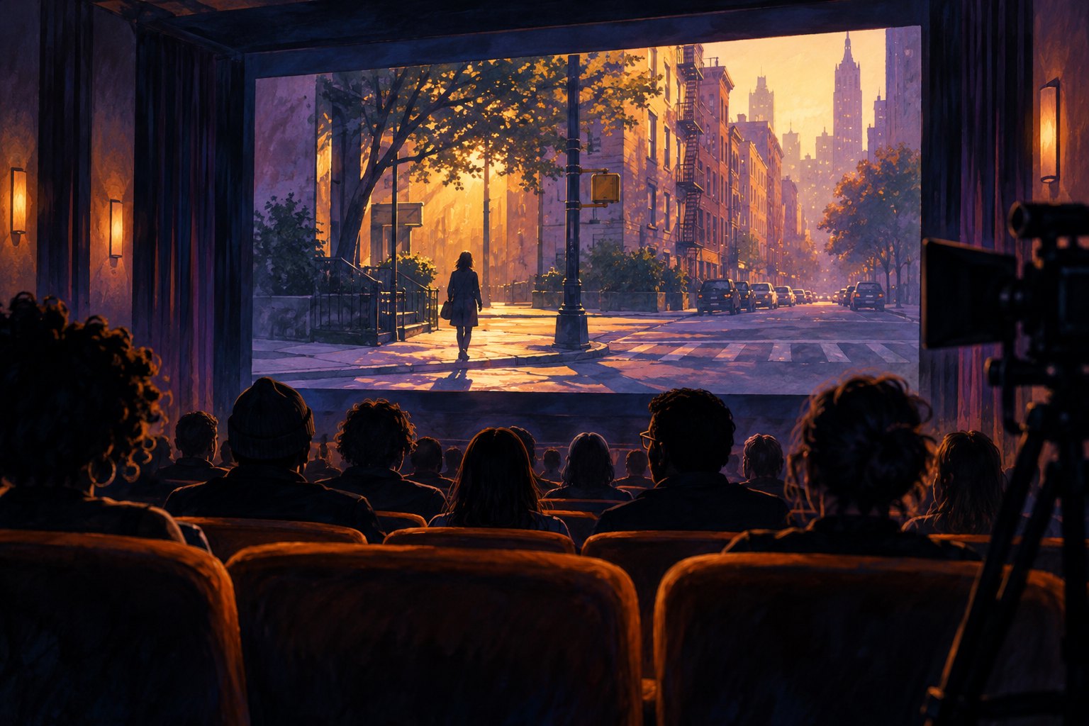 Editorial illustration of an audience watching a sunlit New York street scene in a dark movie theater.