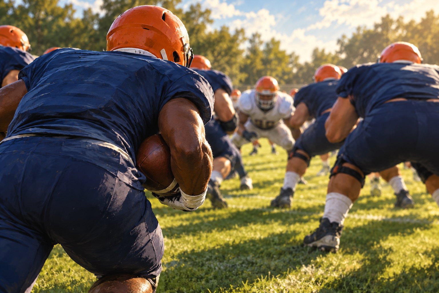 Painterly illustration from behind a football ball carrier looking toward an opening between players on a sunlit field.