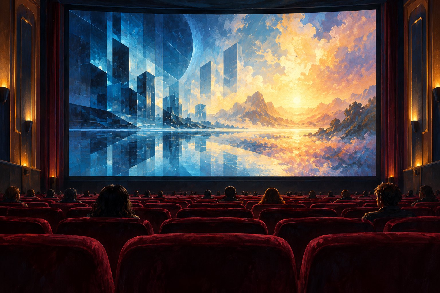 Conceptual illustration of burgundy cinema seats facing a glowing screen filled with an abstract blue and gold landscape.